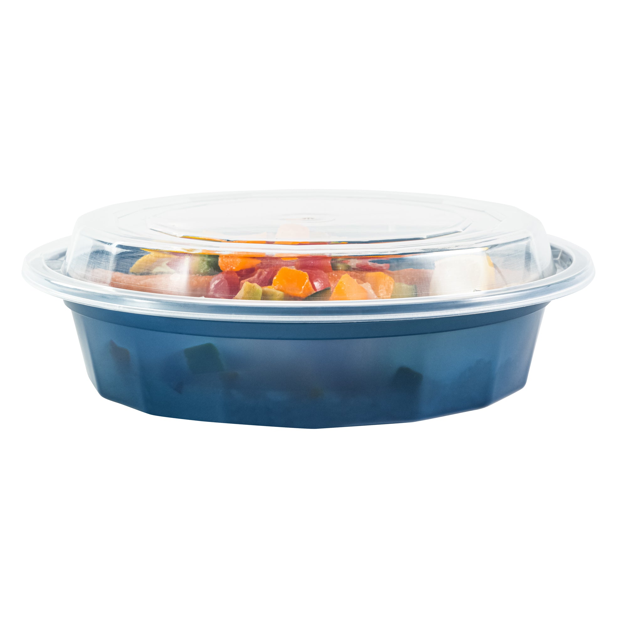 24 oz Round Midnight Blue Plastic Food Storage Containers with Clear Lids - Microwave Safe, 7.25