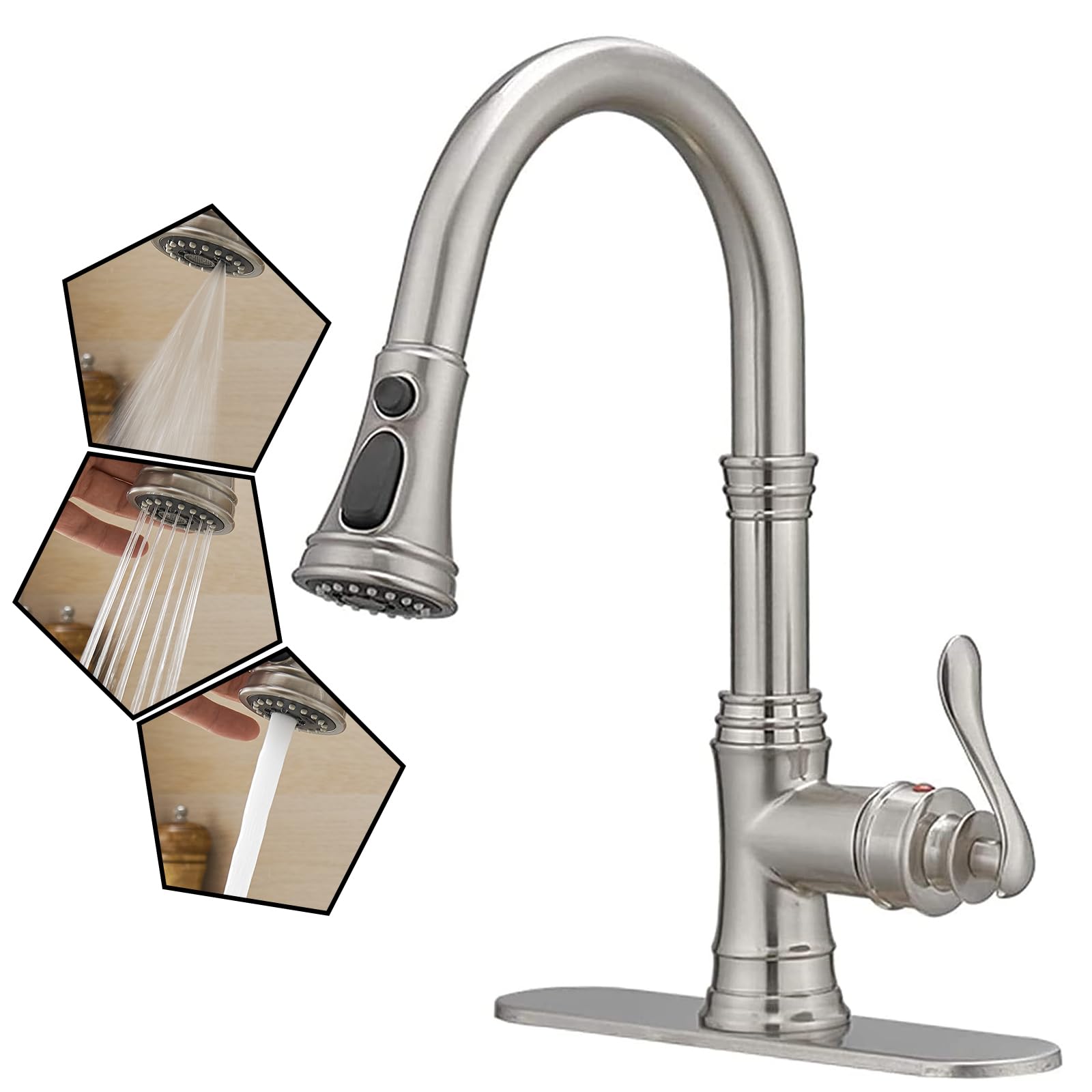 **Brushed Nickel Pull Down Kitchen Sink Faucet with 3 Spray Modes, 10-Inch Deck Plate - Commercial & RV Use for Farmhouse, Restaurant, and Home Kitchens**