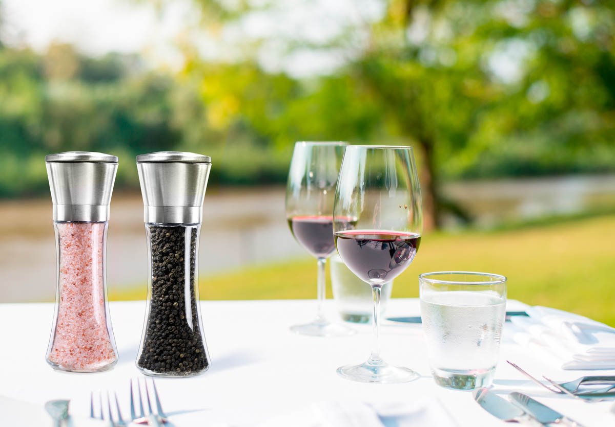 Premium Stainless Steel Salt and Pepper Grinder Set - Adjustable Ceramic Rotor, Glass Body, Tall Size (2-Piece) - Perfect for Kitchen, Dining Table & Gourmet Cooking