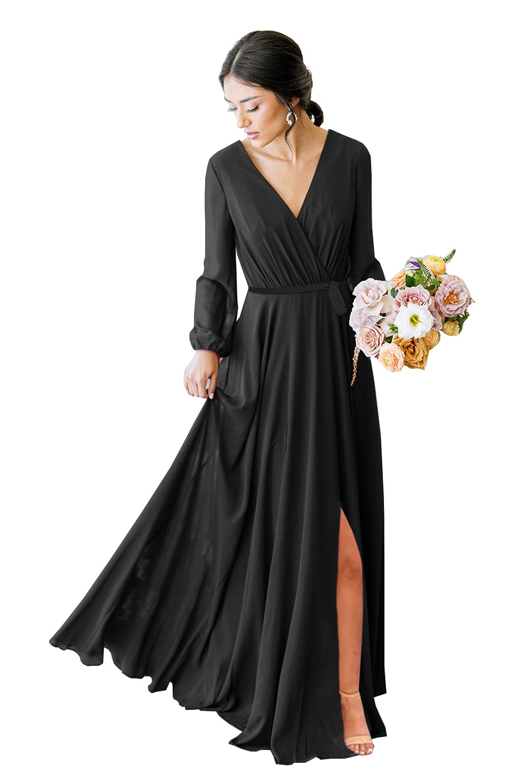 Elegant Chiffon V-Neck Long Sleeve Bridesmaid Dress with Faux Wrap & Thigh Slit - Formal Prom Gown for Women | Perfect for Weddings, Parties & Special Occasions