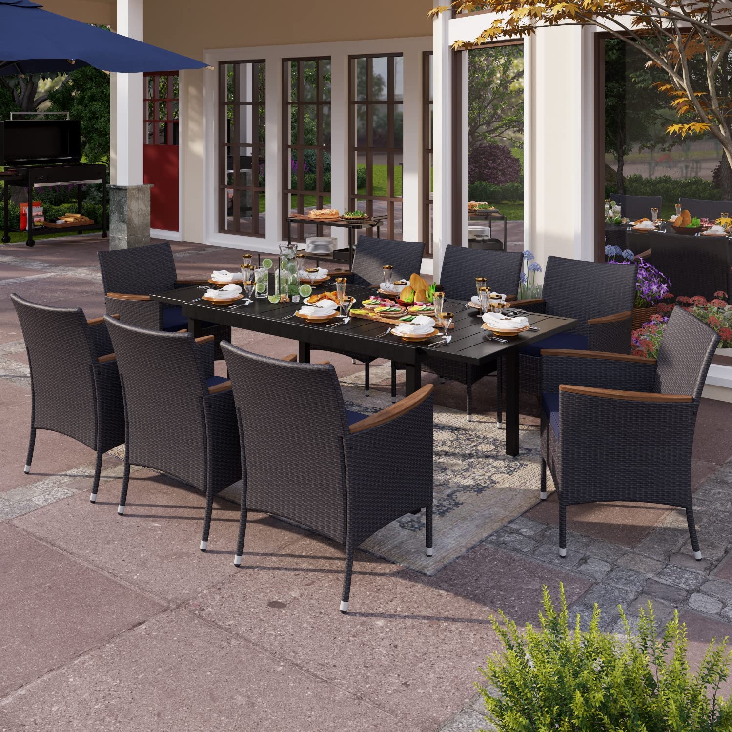 PHI VILLA 9-Piece Outdoor Patio Dining Set for 8 - Expandable Rectangular Metal Table with Rattan Cushioned Chairs - Weather-Resistant Garden Furniture for Backyard, Deck, Poolside & Outdoor Entertaining