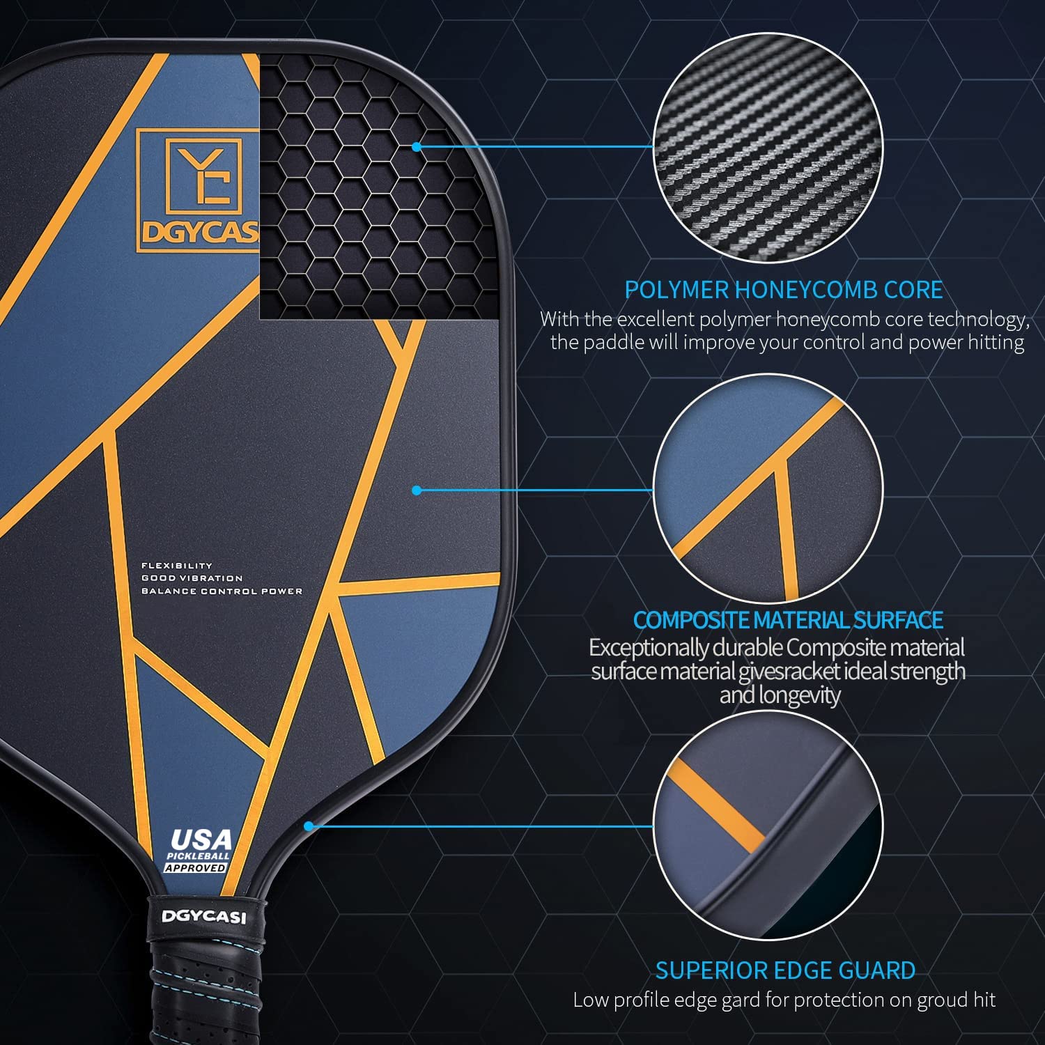 YC DGYCASI Graphite Pickleball Paddles Set of 4 - USAPA Approved 2025 | Carbon Fiber Surface & Lightweight Polypropylene Honeycomb Core | Includes 3 Indoor/Outdoor Balls, 4 Replacement Grips & Carry Bag | Perfect for Recreational Play, Competitive Tournaments & Family Fun