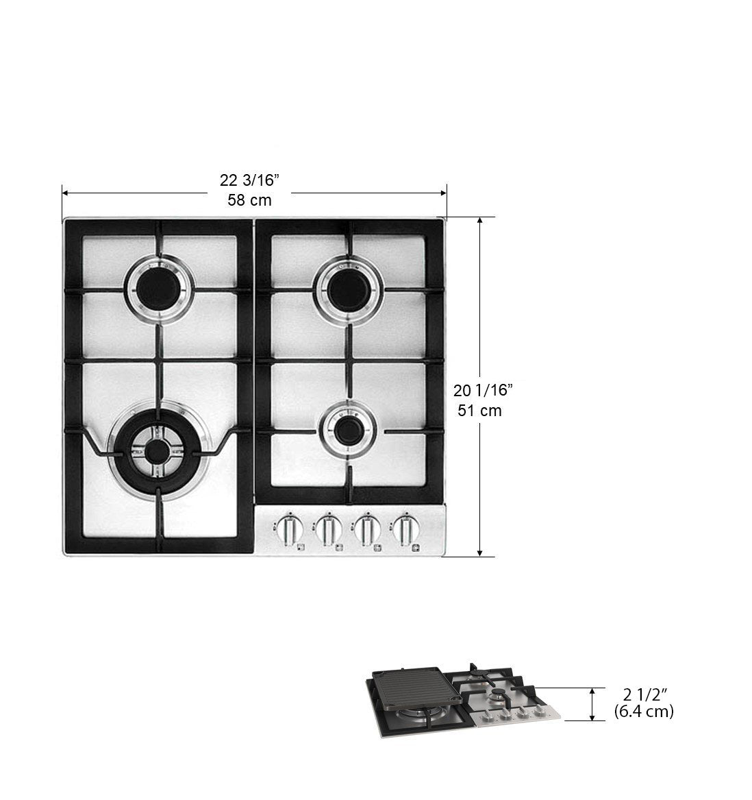 Ancona 24 Inch 4 Burner Gas Cooktop - Stainless Steel with Cast Iron Griddle - Perfect for Home Kitchen, RV, Outdoor Cooking & Camping