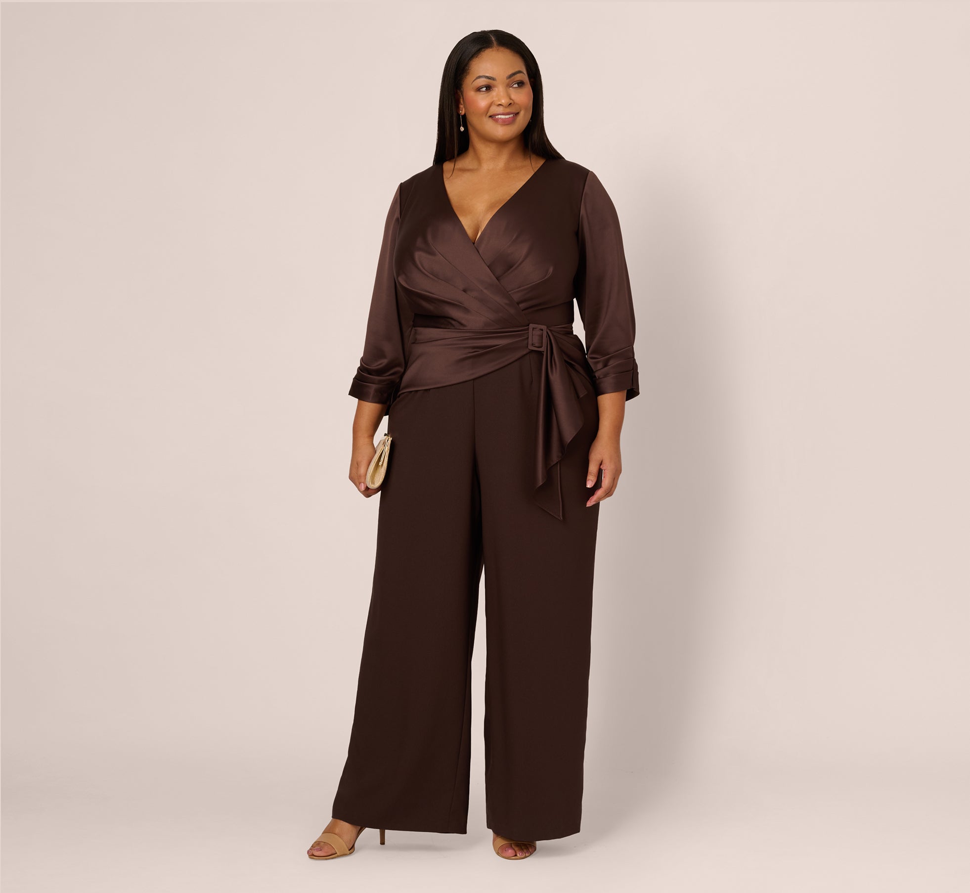 Plus Size Dark Brown Satin Crepe Jumpsuit with Buckle Waist & 3/4 Sleeves | Women's Fashion for Work, Parties & Special Occasions