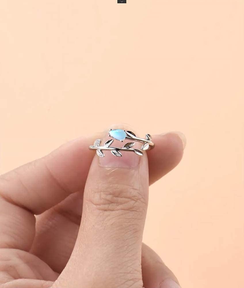 PRAYMOS 925 Sterling Silver Leaf Ring with White Opal & Moonstone - Adjustable Open Ring for Women (Size 7-9) - Elegant Bohemian Jewelry Gift for Birthday, Anniversary & Everyday Wear