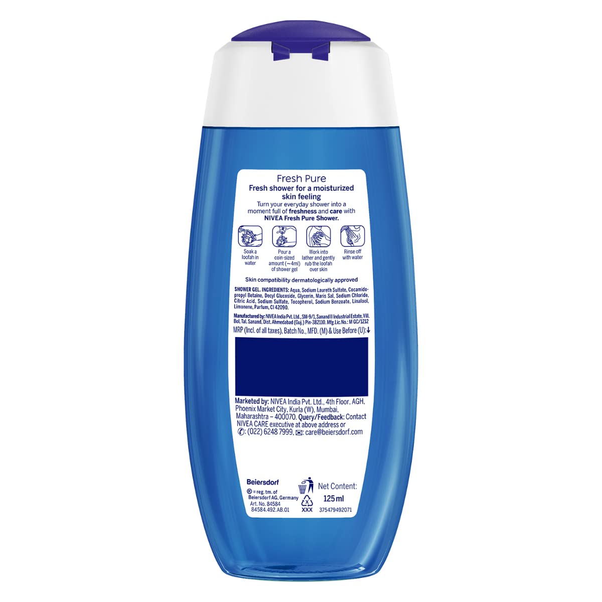 NIVEA Fresh Pure 125ml Body Wash & Shower Gel with Sea Minerals & Care Oil | Glycerin Enriched for Soft, Hydrated Skin | Microplastic Free | Clean & Healthy Skin Care | Perfect for Daily Shower & Summer Refreshment