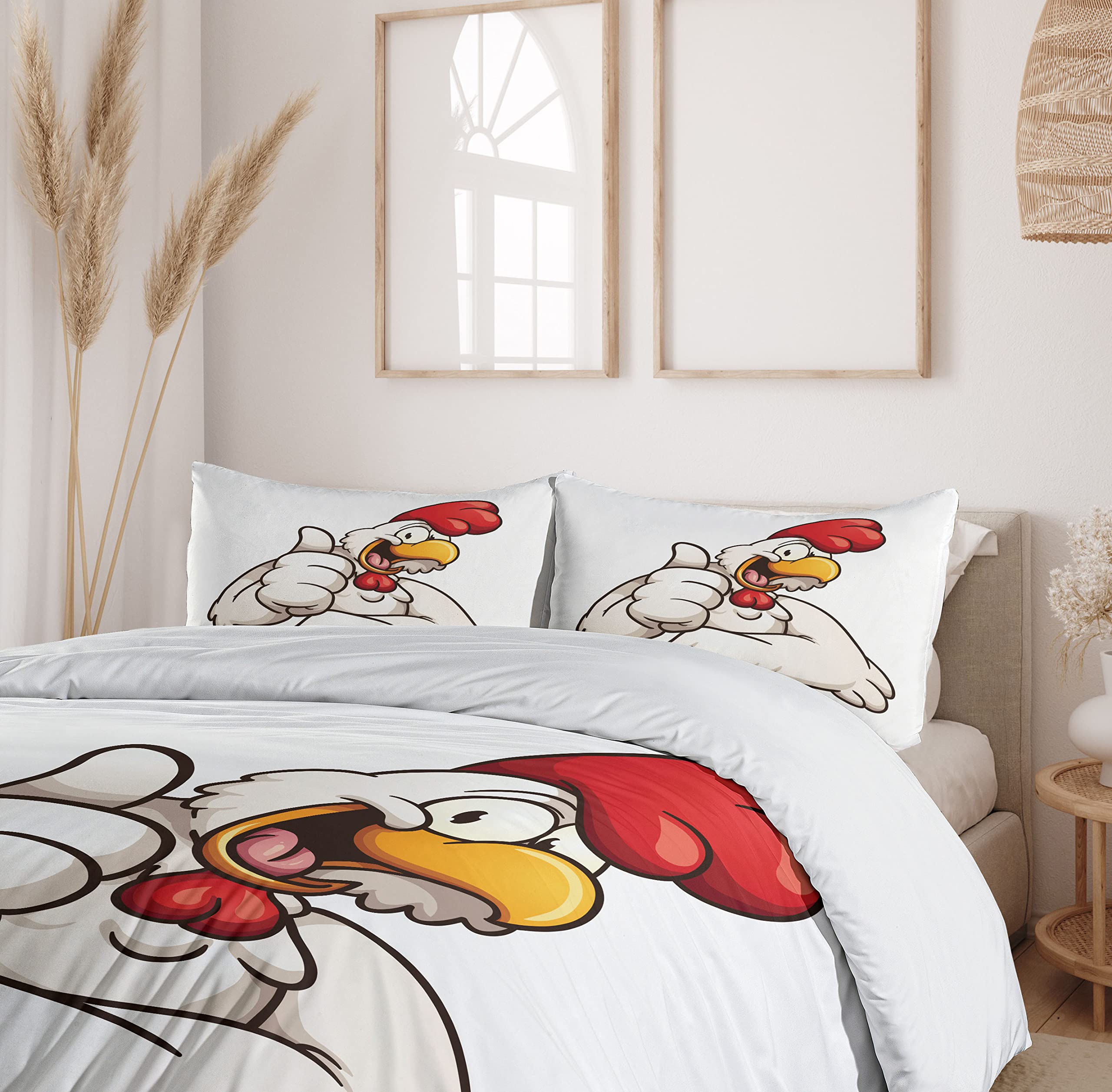 Ambesonne Smile Duvet Cover Set - Cartoon Style Joyous Chicken with Funny Thumbs Up Design | 3-Piece King Size Bedding Set with 2 Pillow Shams in White Vermilion Eggshell | Perfect for Kids' Rooms, Teen Bedrooms & Whimsical Home Decor