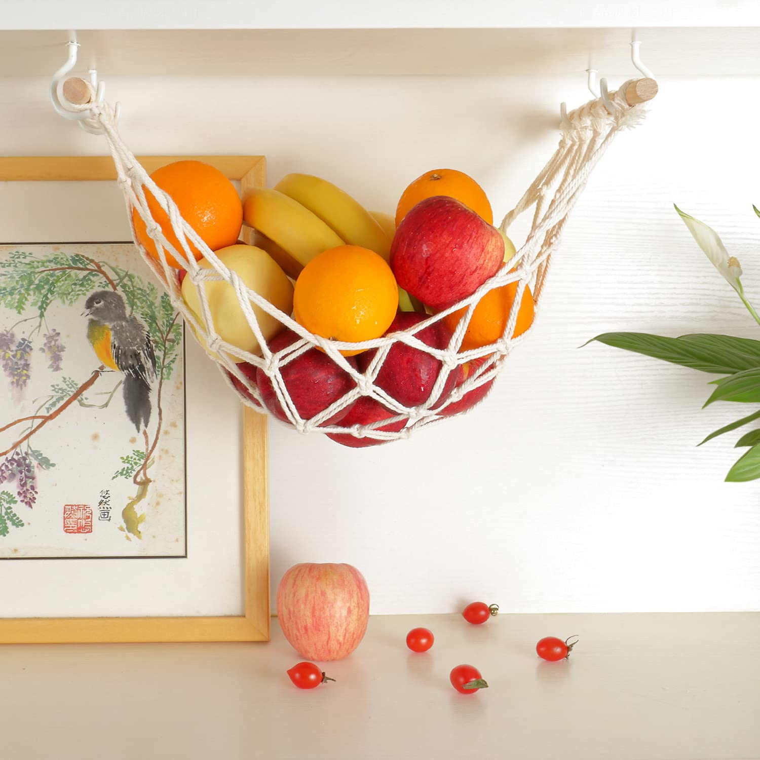 Macrame Fruit Basket for Kitchen - Under Cabinet Hanging Fruit Hammock with Hooks for Bananas, Apples & Produce Storage | Space-Saving Kitchen Décor for Pantry & Countertop Organization