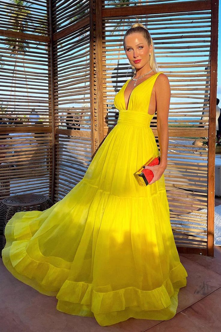 Elegant A-Line V-Neck Yellow Prom Dress for Women - Formal Evening Gown 2197 | Perfect for Homecoming, Prom Night, and Special Occasions