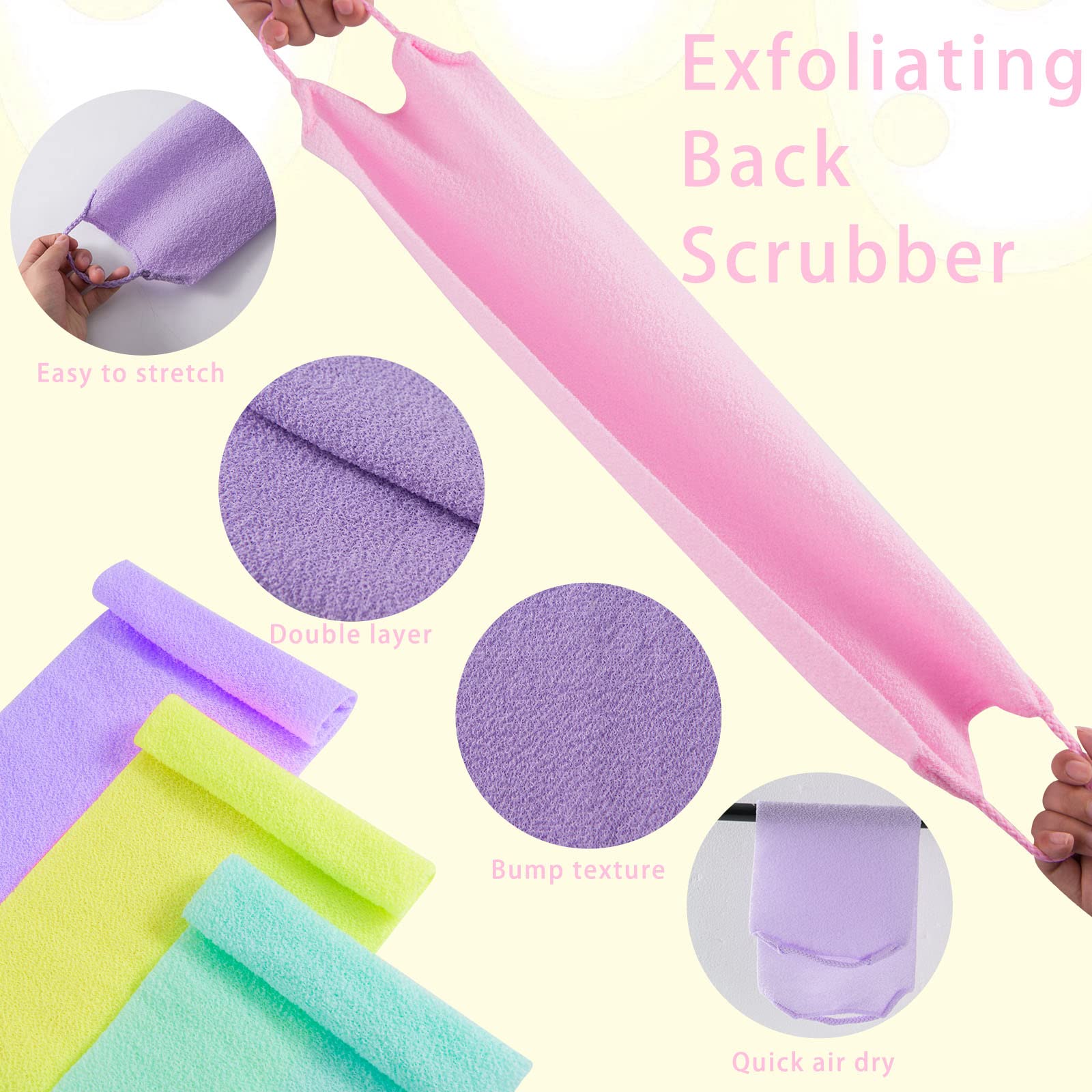 4-Piece Exfoliating Back Scrubber Set with Handles - Extra Long Nylon Body Scrubber, Stretchable Washcloth with Pull Strap for Deep Cleansing & Skin Massage - Perfect Shower Scrub for Women & Men - Ideal for Hard-to-Reach Areas & Spa-Like Experience at Home