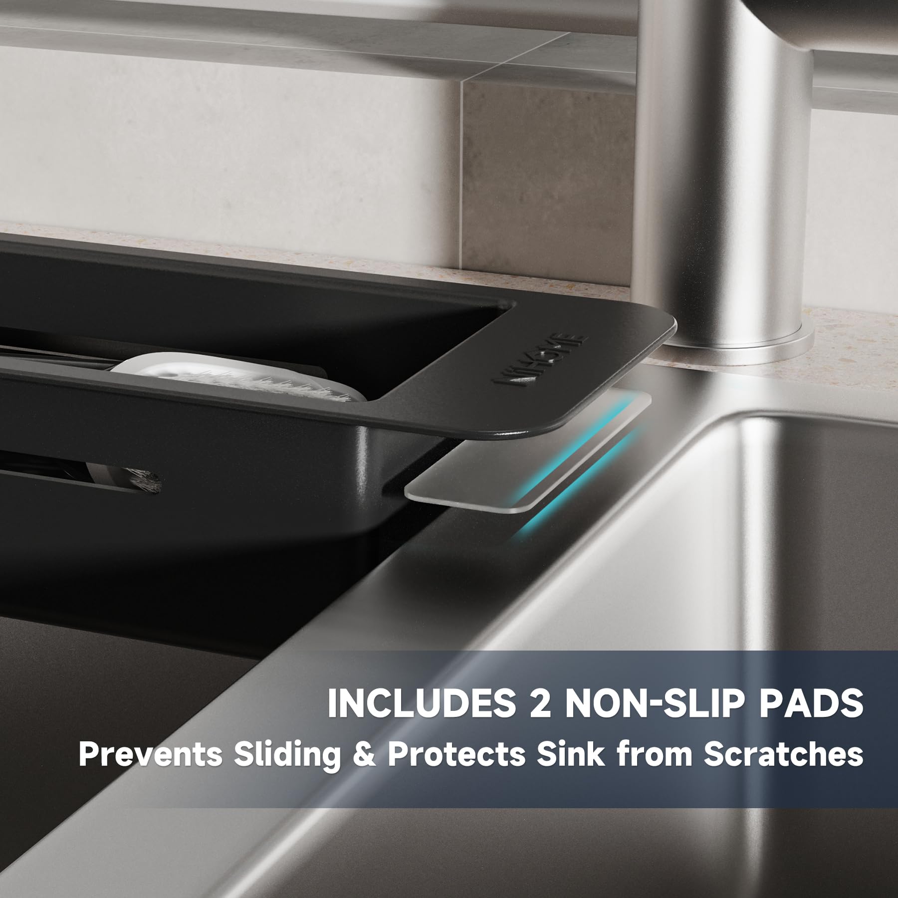 NiHome Extendable Over Sink Kitchen Organizer - Adjustable Sponge & Brush Holder with Non-Slip Pads, Telescopic Sink Caddy for Sponges, Dish Brushes - Durable ABS Material with Drainage Holes (Black) - Perfect for Small Kitchen Spaces, Apartment Sinks & Clutter-Free Countertops