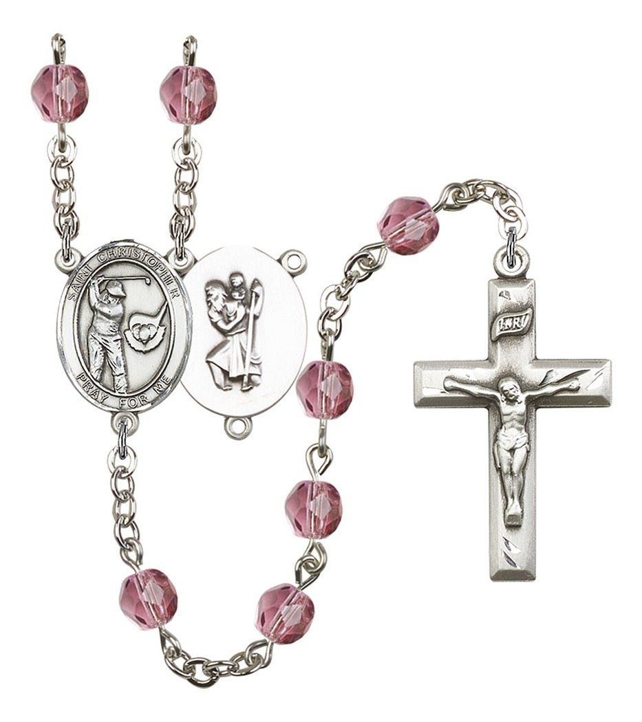 February Birth Month Prayer Bead Rosary with Saint Christopher Golf Centerpiece - 19 Inch Catholic Religious Jewelry for Golfers & Travelers - Perfect for Prayer, Protection & Golf Gifts