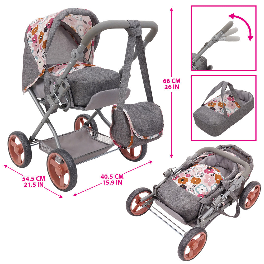 509 Crew Kelly Deluxe Doll Stroller with Melange Floral Design & Matching Bag - Perfect for Pretend Play, Outdoor Walks, and Gift Giving for Kids Ages 3+