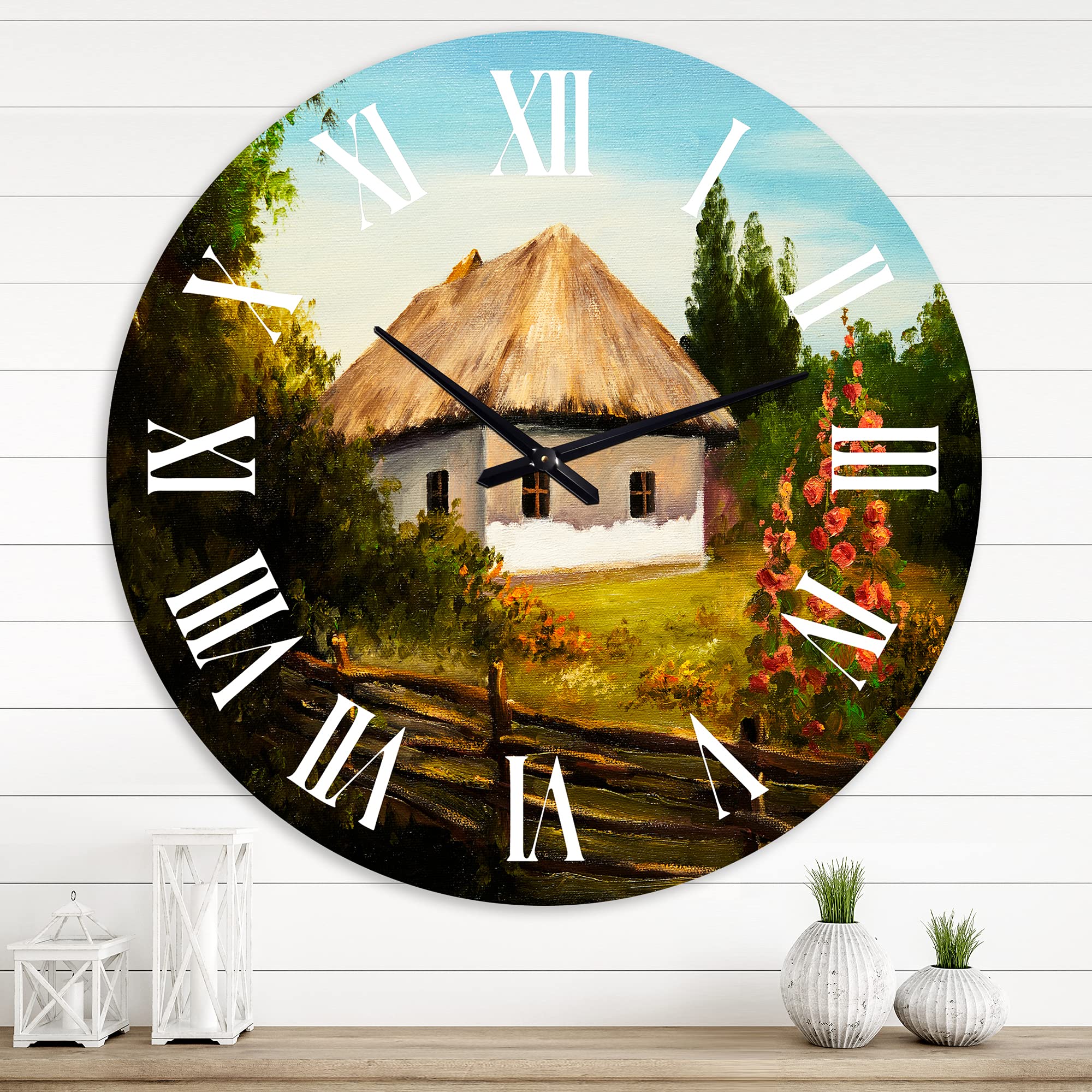 DesignQ Traditional Wall Clock - 'House On The Mountain with Blossoming Flowers II' Landscape Nature Decor - Large Silent Non-Ticking Clock for Living Room, Bedroom & Office
