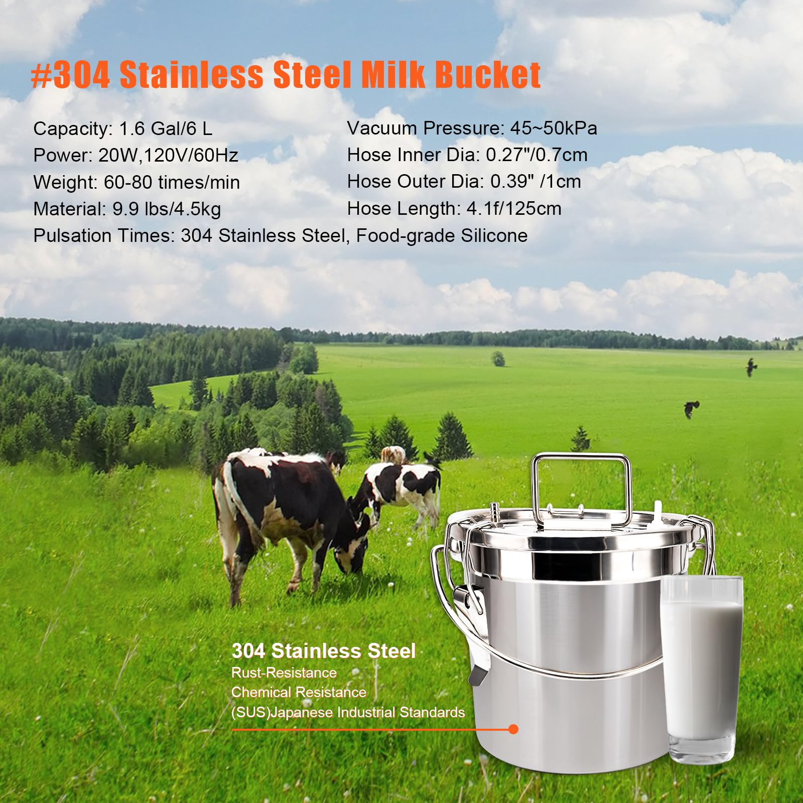Portable Goat Milking Machine 6L - Stainless Steel Pulsating Vacuum Pump for Cows & Goats - Adjustable Speed & Auto Stop Valve - Easy Cleaning 304 Bucket | Ideal for Small Farms, Homesteads & Dairy Production