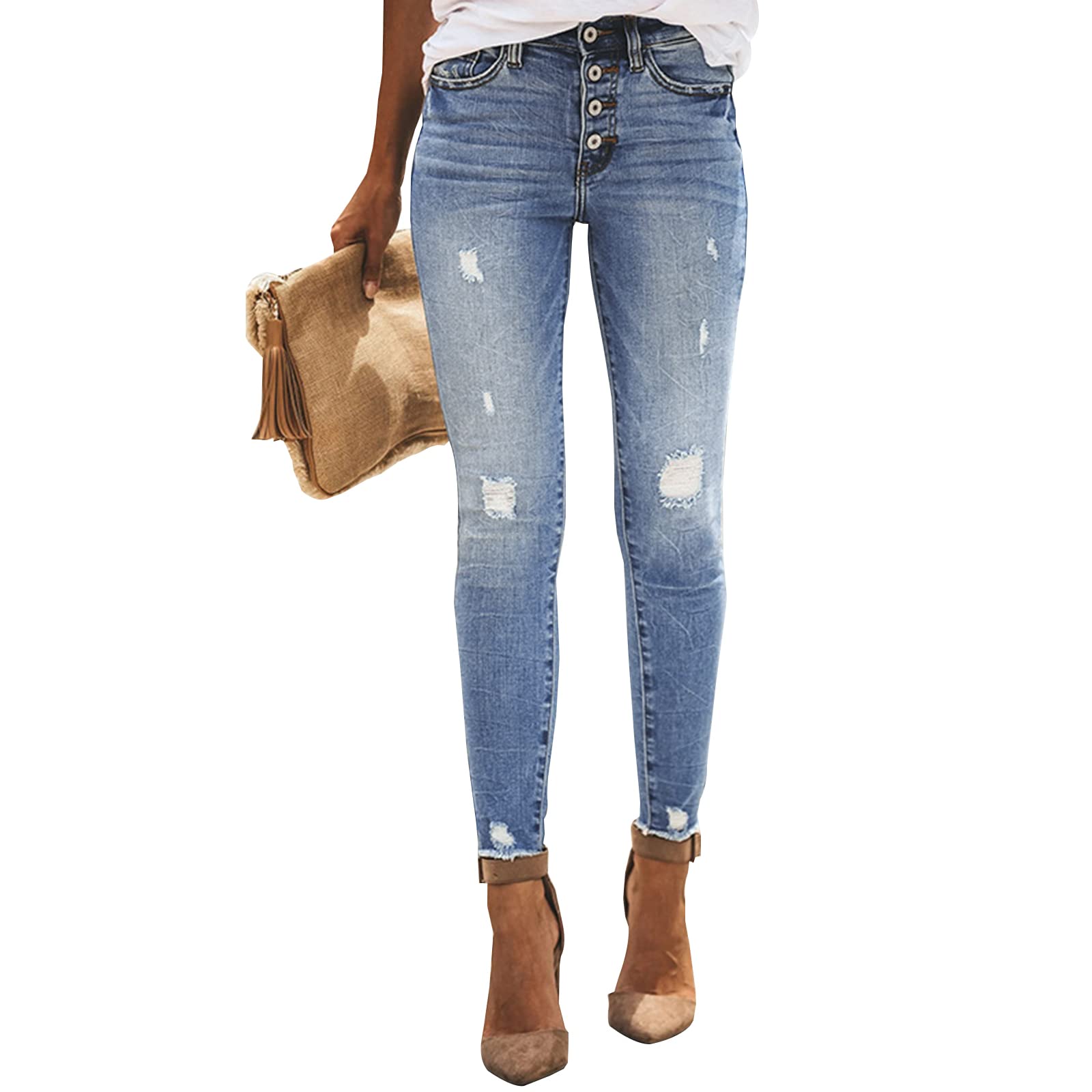 LONGYIDA Women's Stretchy High Waist Skinny Ripped Jeans with Button Fly - Trendy Distressed Denim Pants for Casual Wear, Night Out & Everyday Fashion