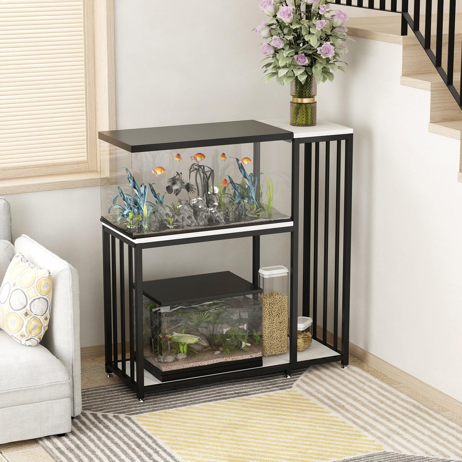 29 Gallon Heavy Duty Metal Aquarium Stand with Storage Shelves - Fish Tank & Reptile Terrarium Stand for Home or Office Use (Black) | Perfect for Organizing Fish Supplies, Turtle Habitats & Home Decor
