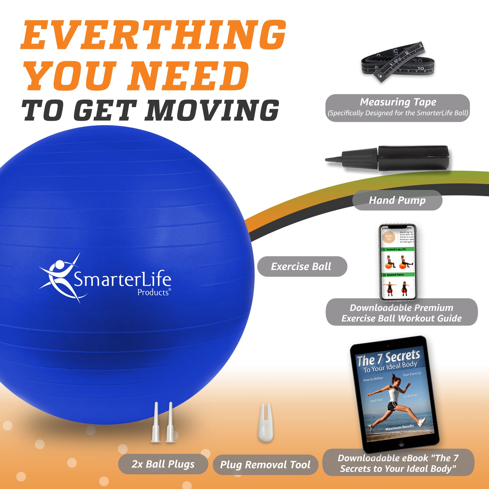SmarterLife Exercise Ball - Anti-Burst Yoga Ball for Fitness, Core Workout, Balance Training & Physical Therapy | Pregnancy Support, Office Yoga Ball Chair | Non-Slip Stability Ball for Home Gym, Pilates & Postnatal Recovery