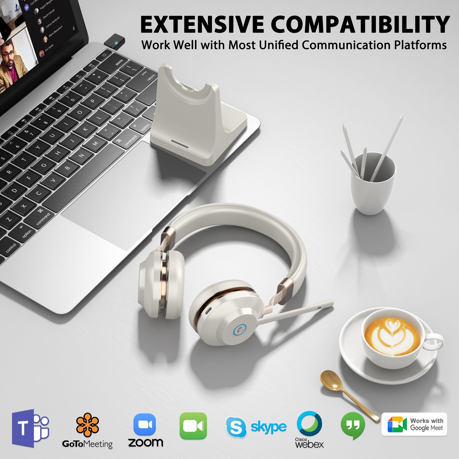 Wireless Bluetooth Headset with Microphone - Noise Canceling Headphones for Office, Call Center & Teams Meetings | USB Dongle & Charging Base | 45Hrs Battery Life | Perfect for Remote Work, Video Calls & Customer Service