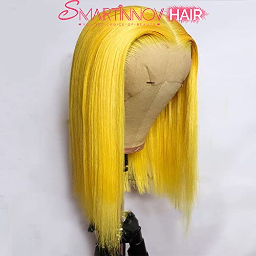Yellow Bob Wigs Human Hair 10 Inches Silky Straight Glueless 13x4 Lace Front Bleached Knots Pre Plucked with Baby Hair | HD Transparent Lace Frontal Bob Wigs Blunt Cut 180% Density | Perfect for Cosplay, Halloween, Daily Fashion & Special Occasions for Women