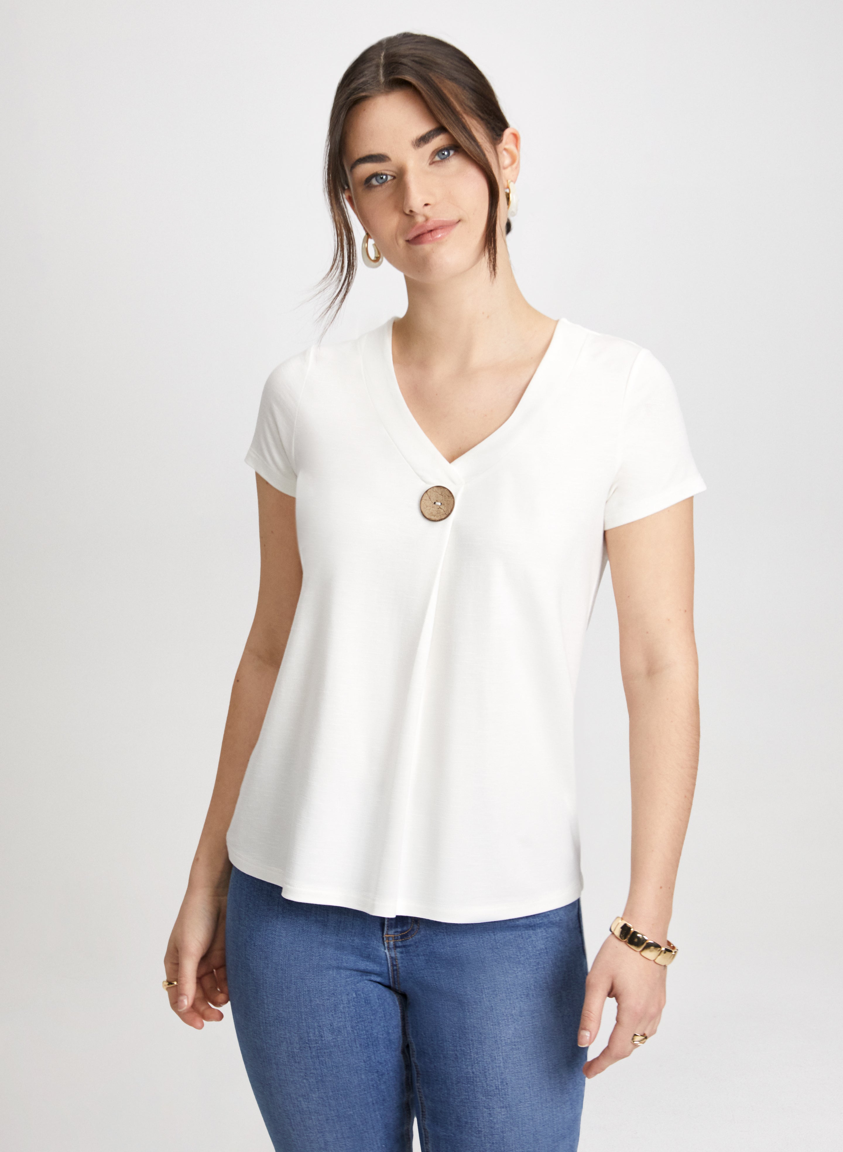 Stylish Decorative Button T-Shirt for Women - Trendy Casual Top for Everyday Wear & Outfits