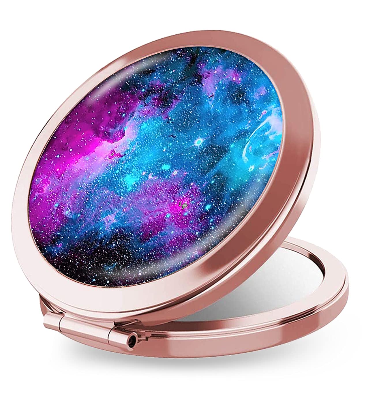 iampanda Rose Gold Compact Mirror for Women - Portable Folding Travel Makeup Mirror with 2X Magnification, Round Mini Pocket Mirror for Purse (Blue Purple Galaxy Nebula) - Perfect for Travel, Home & Office Touch Ups