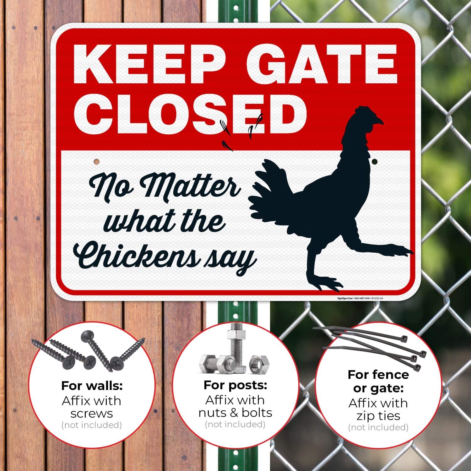Funny Chicken Coop Sign - 'Keep Gate Closed No Matter What The Chickens Say' - 18x24 Inches Reflective Aluminum Farm Decor - 3M EGP .080 Fade-Resistant - Easy Mounting for Indoor/Outdoor Use - Made in USA - Perfect for Backyard Chicken Coops, Barns & Farmhouse Decor
