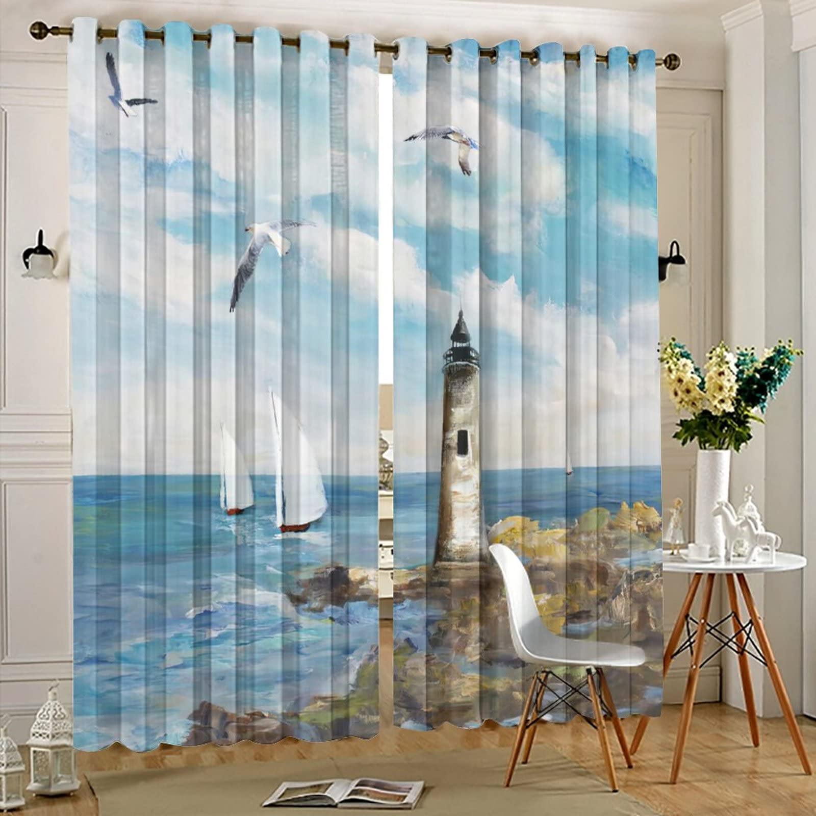Nautical Lighthouse Seagull Ocean Waves Blackout Curtains - Thermal Insulated Room Darkening Grommet Panels for Bedroom, Living Room - 2 Panels 84