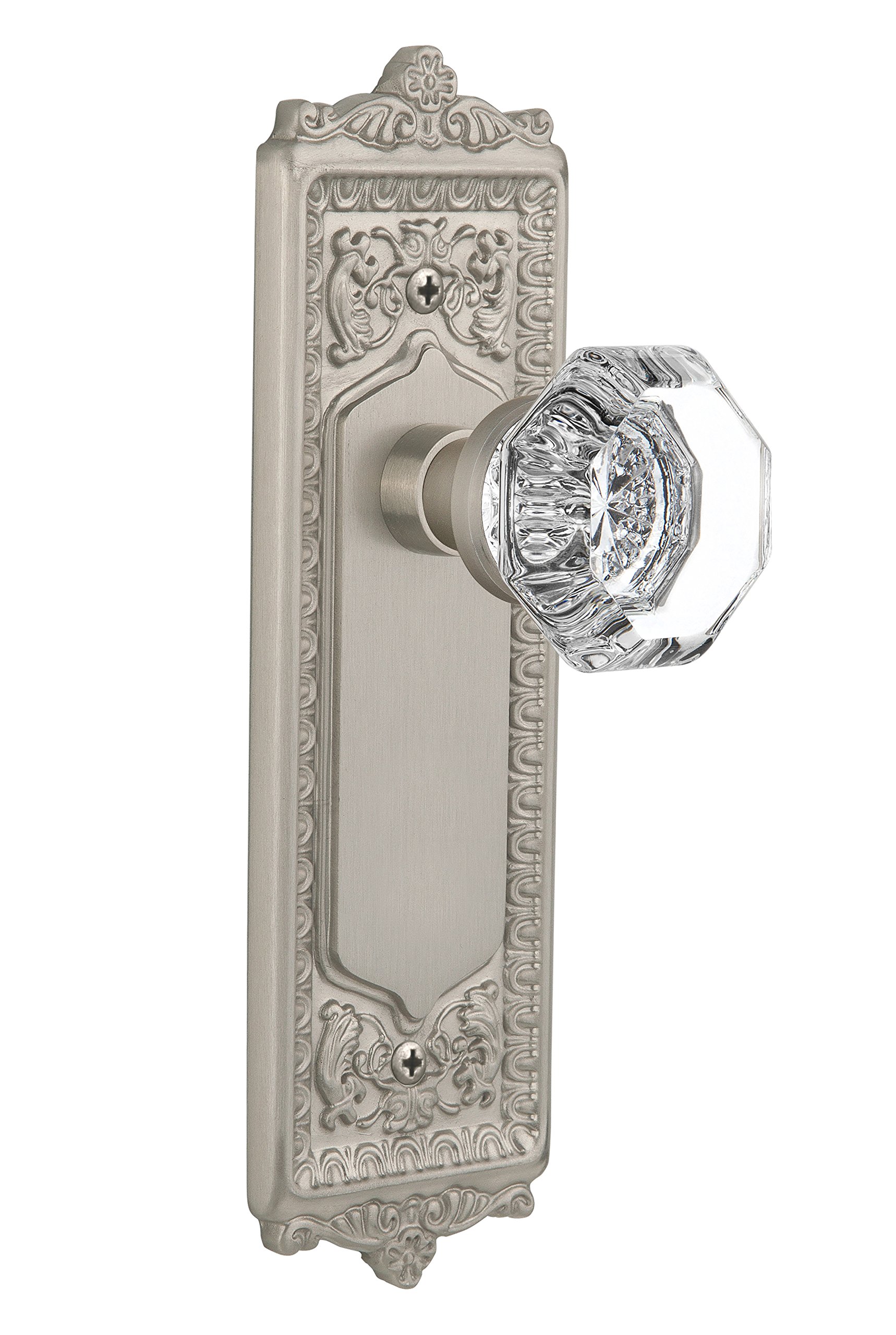 Vintage Egg and Dart Plate with Waldorf Crystal Knob - Double Dummy Interior Door Handle in Satin Nickel Finish - Perfect for Victorian, Craftsman & Traditional Home Decor