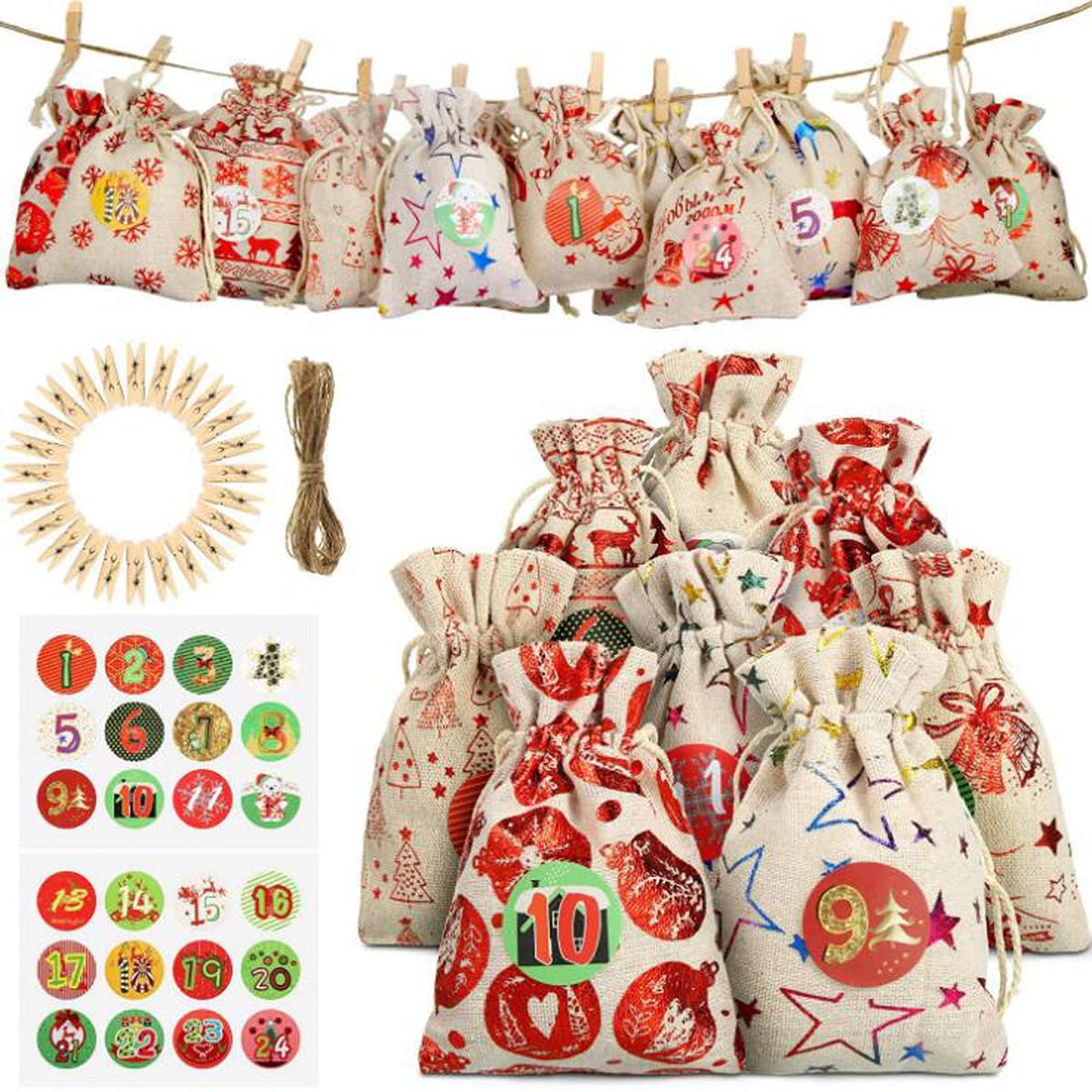 24 Days Christmas Advent Calendar Burlap Hanging Drawstring Gift Bags - Holiday Countdown Decor for Home, Party & Candy Gifts - Perfect for Christmas Decorations, Stocking Stuffers & Festive Celebrations