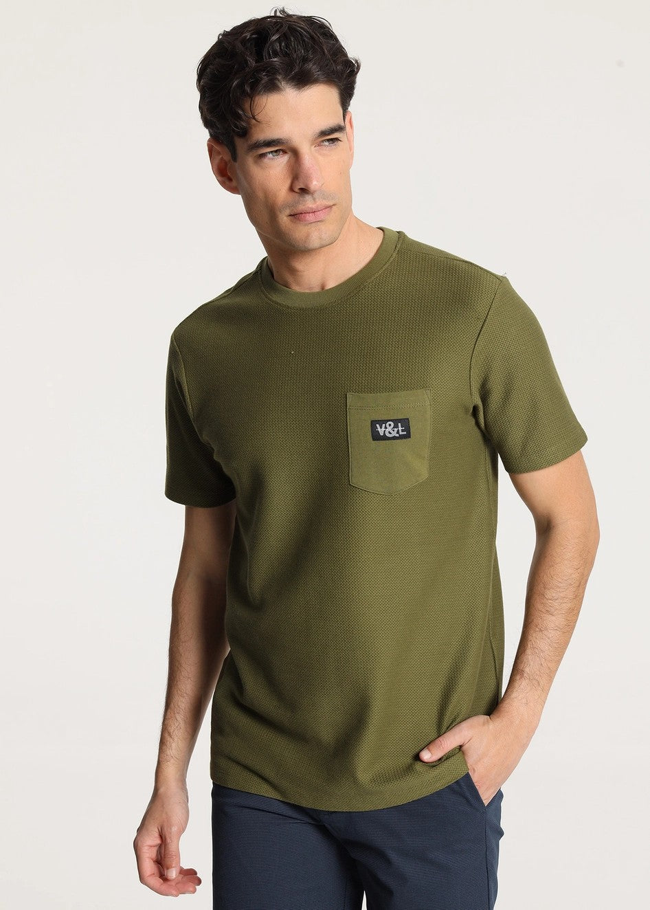 V&Lucchino Textured Cotton T-Shirt for Men - Soft Green Casual Tee - Perfect for Everyday Wear, Outings & Relaxation