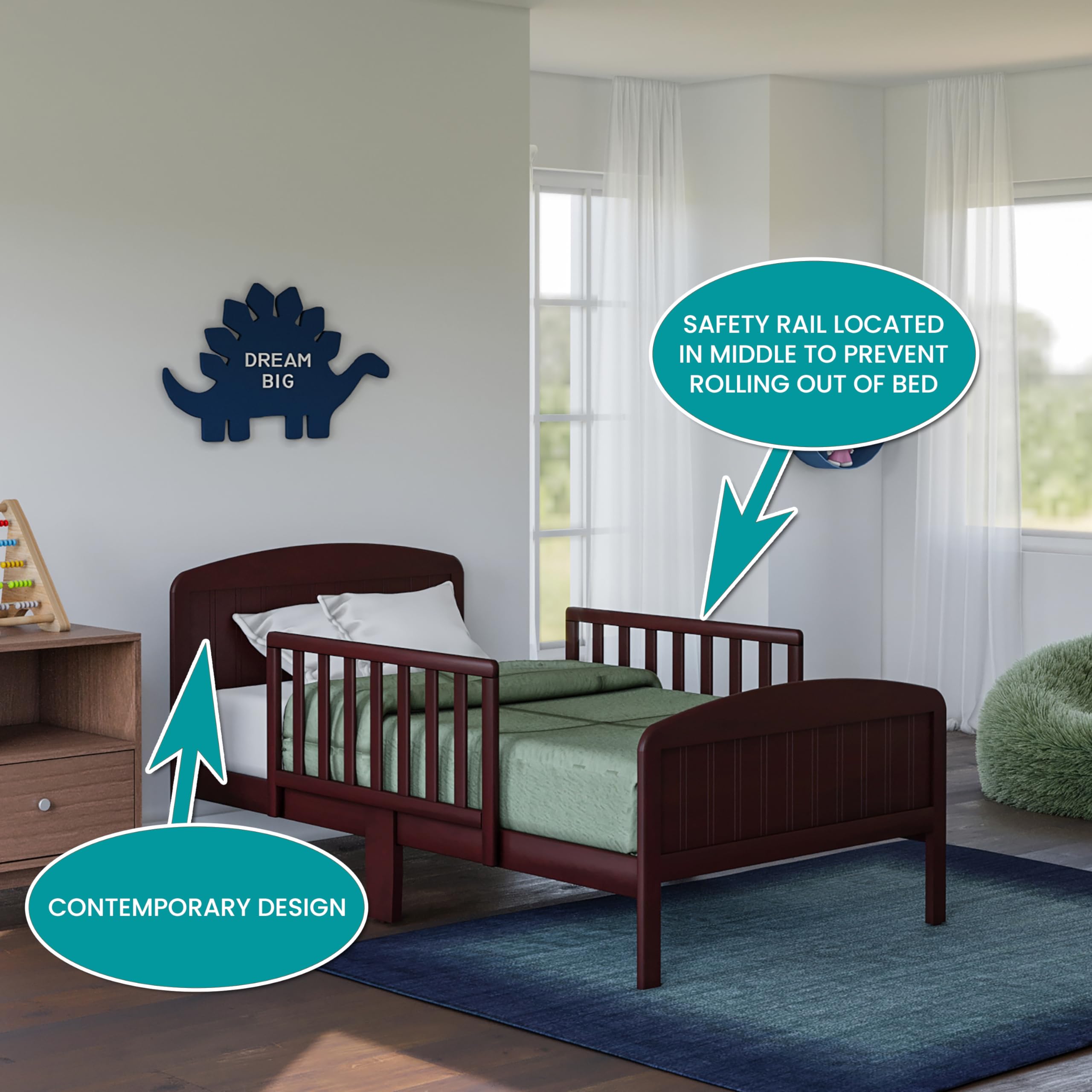 Harrisburg Solid Wood Toddler Bed with Side Rails & 2 Safety Guards - Modern Low Profile Transitional Bed for Kids - Fits Crib Mattress - Espresso Finish - Perfect for Nursery, Daycare or First Big Kid Bedroom