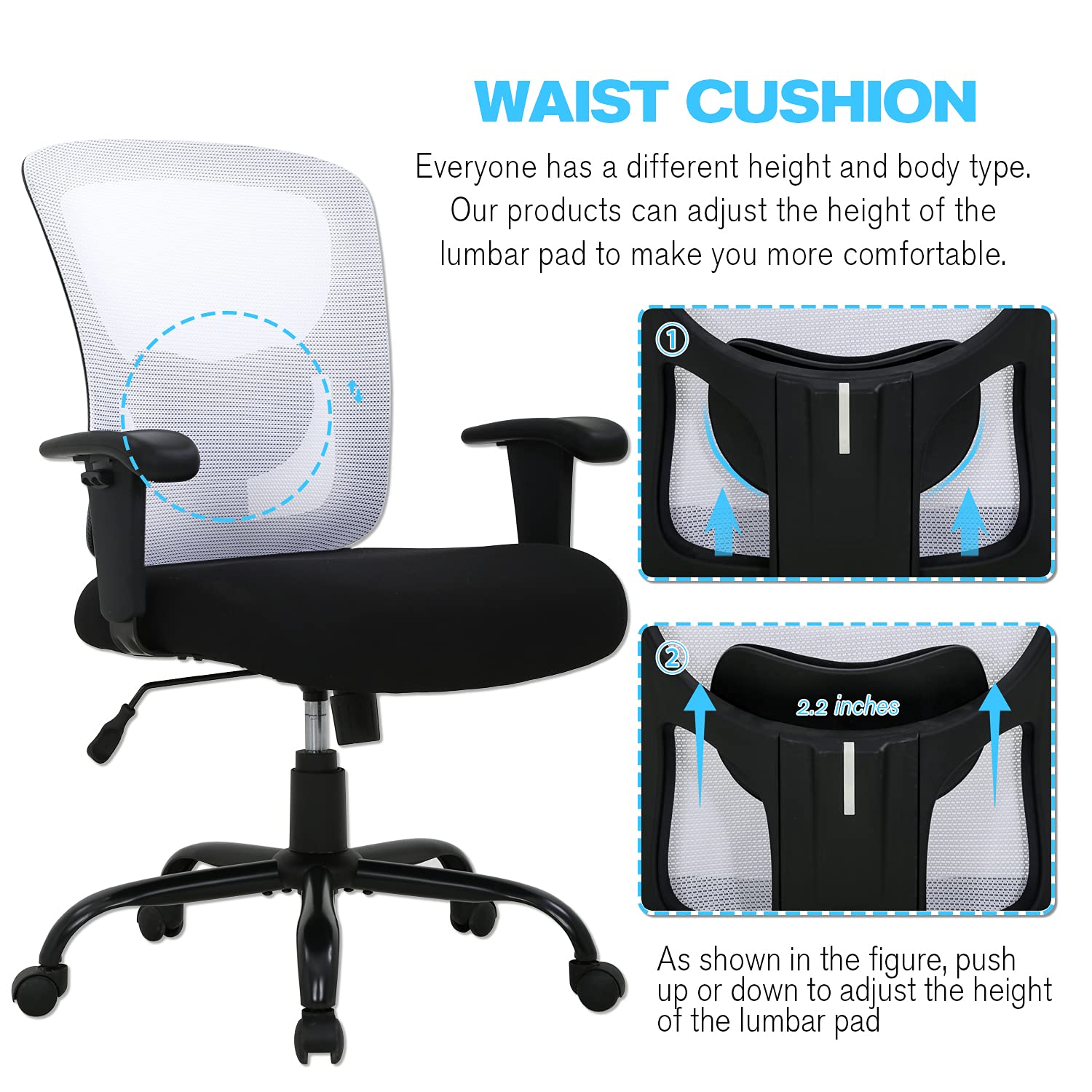 HCY Big and Tall Office Chair - 400 lbs Weight Capacity Ergonomic Mesh Computer Desk Chair with Adjustable Height, Lumbar Support & Wheels for Heavy People - Perfect for Home Office, Gaming & Workspaces (White)