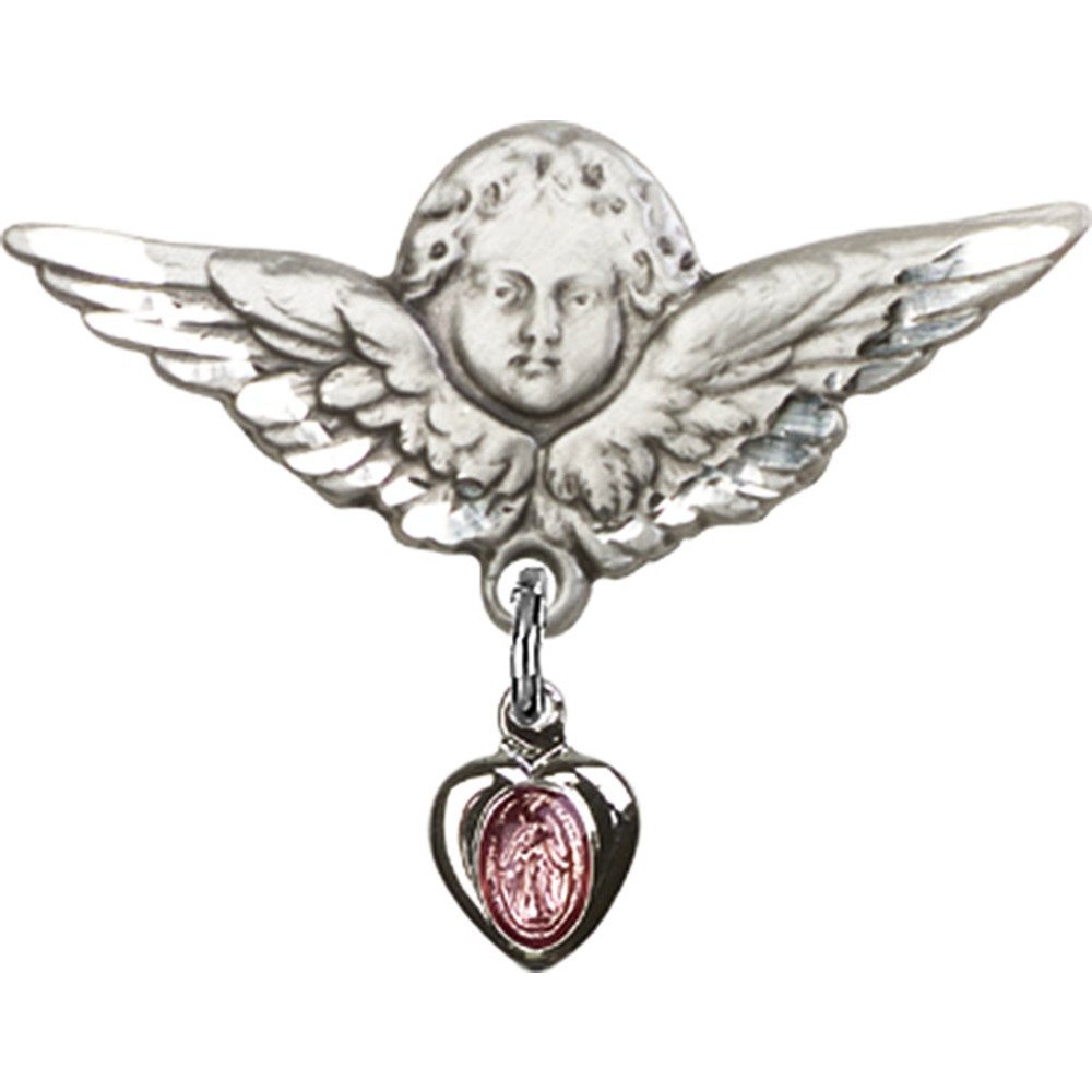 Sterling Silver Baby Badge with Pink Miraculous Charm & Angel Wing Pin - 7/8
