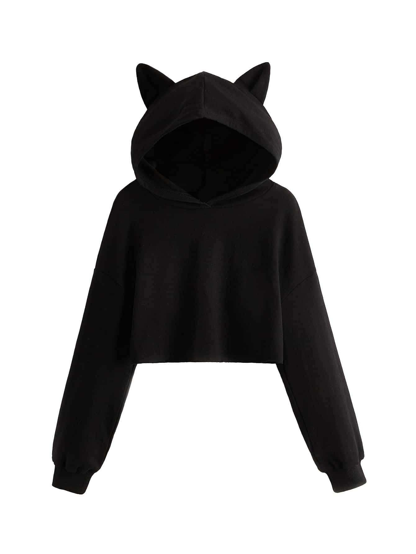 WDIRARA Girls Cute Cat Ear Crop Top Long Sleeve Hoodie Sweatshirt - Casual Plain Pullover for Teens, Streetwear Fashion, School Outfits & Winter Layering