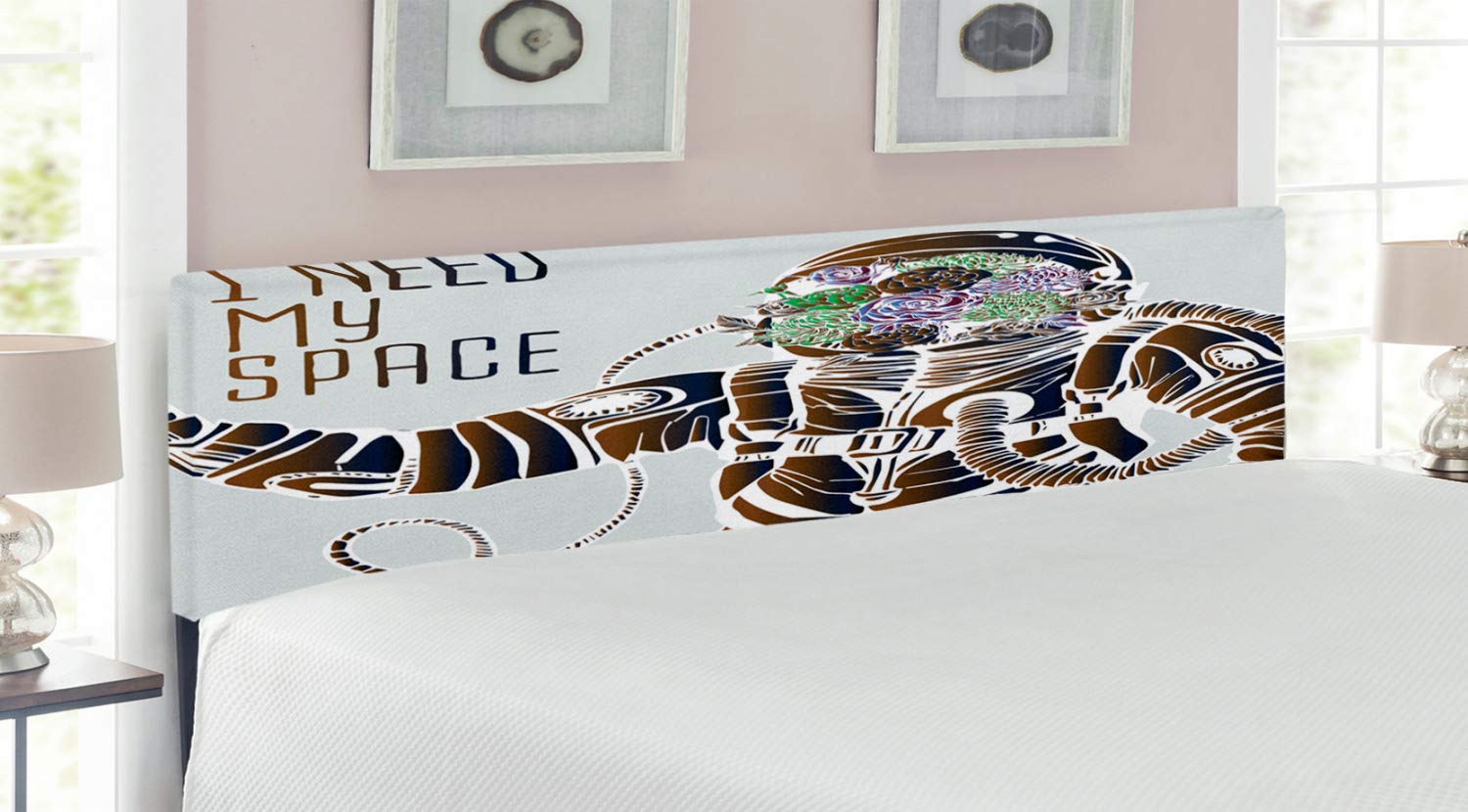Ambesonne Outer Space Headboard - Funny Love Words Floral Cosmonaut Pilot Humor Design, Upholstered Decorative Metal Bed Frame with Memory Foam, King Size Multicolor - Perfect for Bedroom Decor & Space-Themed Rooms