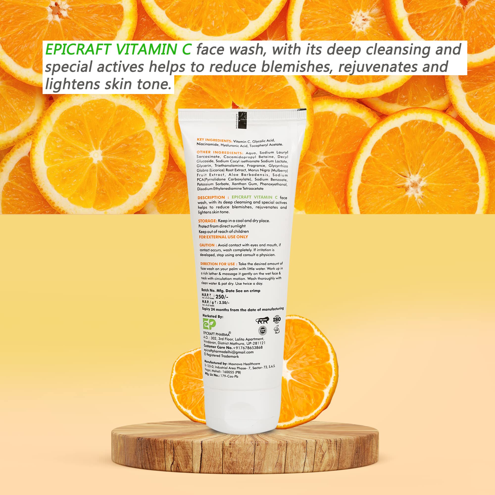 Epicraft Vitamin C Face Wash with Hyaluronic Acid & Niacinamide - Brightening, Rejuvenating & Glow Boosting Cleanser for Men & Women - All Skin Types - 100g - Perfect for Daily Skincare Routine & Acne-Prone Skin