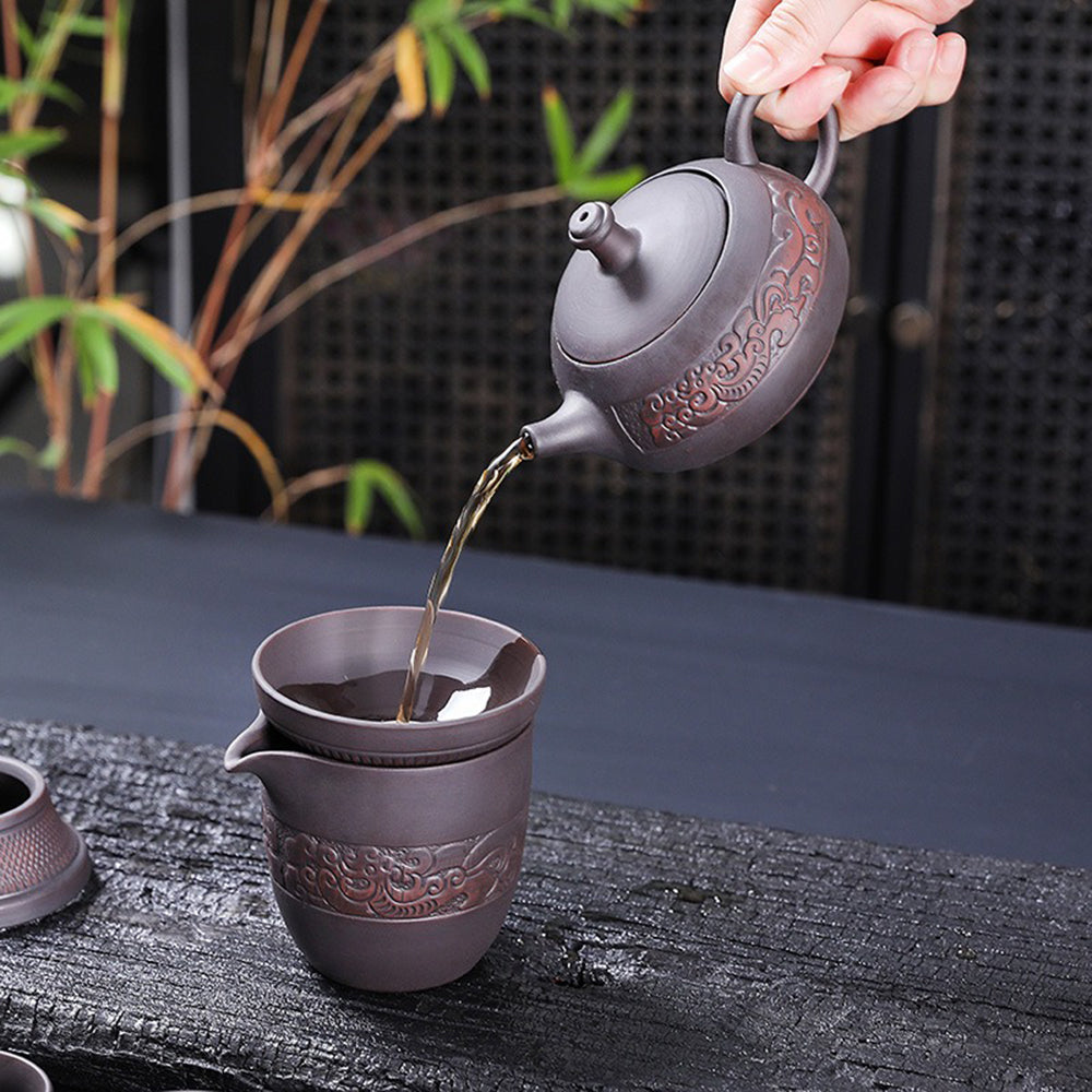 Premium Yixing Purple Clay Relief Lotus Tea Set - Handcrafted Chinese Ceramic Teapot with Cups - Perfect for Gongfu Tea Ceremony, Home Decor & Gift Giving