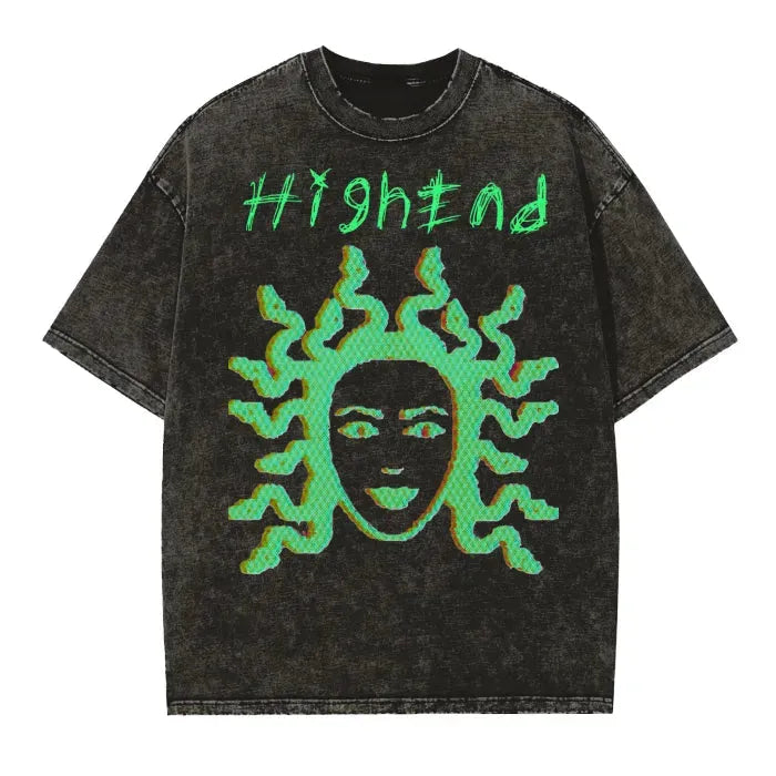 Premium Medusa Embroidery Vintage Washed T-Shirt - Distressed Edge Frayed Detail, 250 GSM Heavyweight Cotton (Dusk Black) | Streetwear, Gothic Fashion & Retro Style Outfits