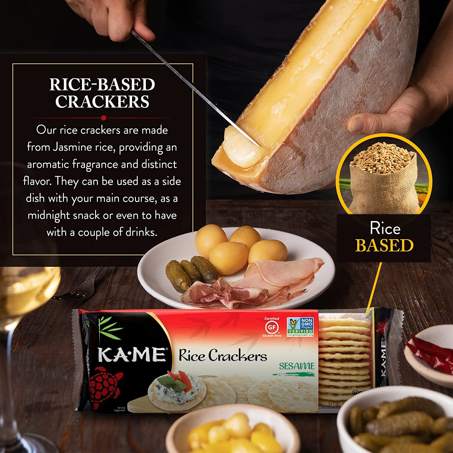 KA-ME Sesame Rice Crackers 3.5 oz (4 Pack) - Gluten-Free, Non-GMO, No Artificial Flavors | Authentic Asian Snack for Healthy Eating, Parties & On-The-Go