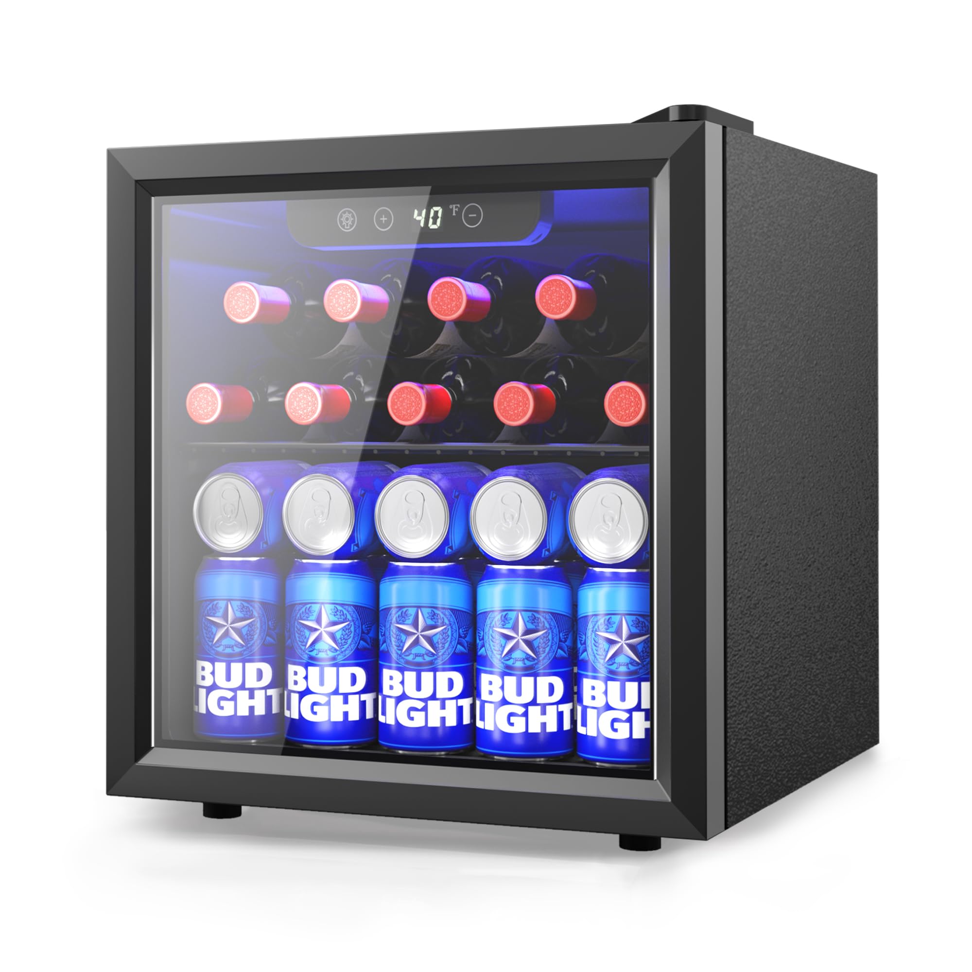 48 Can Beverage Refrigerator - Mini Fridge with Glass Door & Adjustable Shelves, 1.3 Cu.ft Freestanding Drink Cooler with Blue LED Light - Perfect for Home, Office, Dorm, Bar, Kitchen, Man Cave & Game Room - Keep Sodas, Beer, Wine & Energy Drinks Chilled