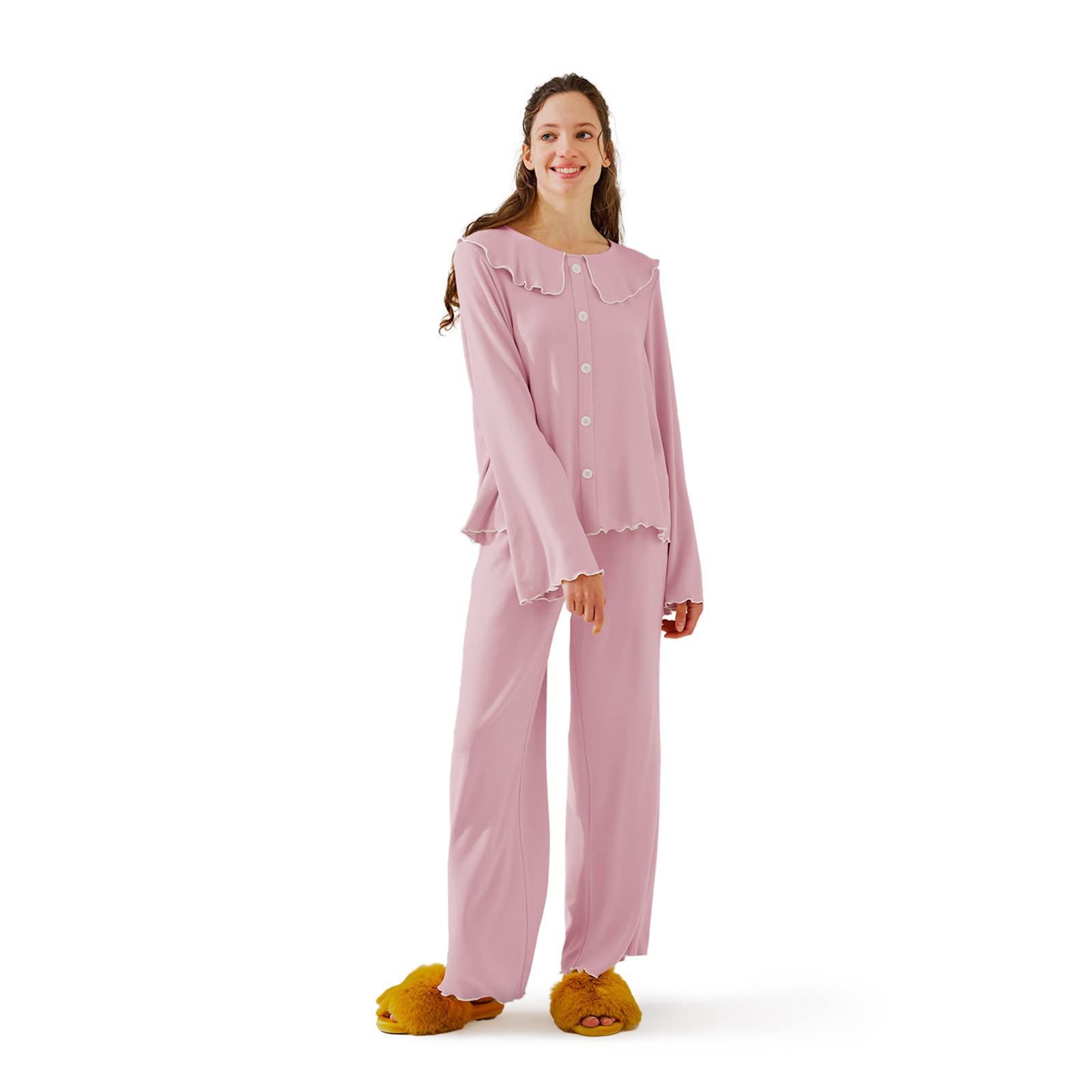 Women's Soft Silky Pajama Set - Long Sleeve Button Down Sleepwear & Lounge Pants | Comfortable 2-Piece Pjs for Sleeping, Relaxing at Home & Cozy Night Parties