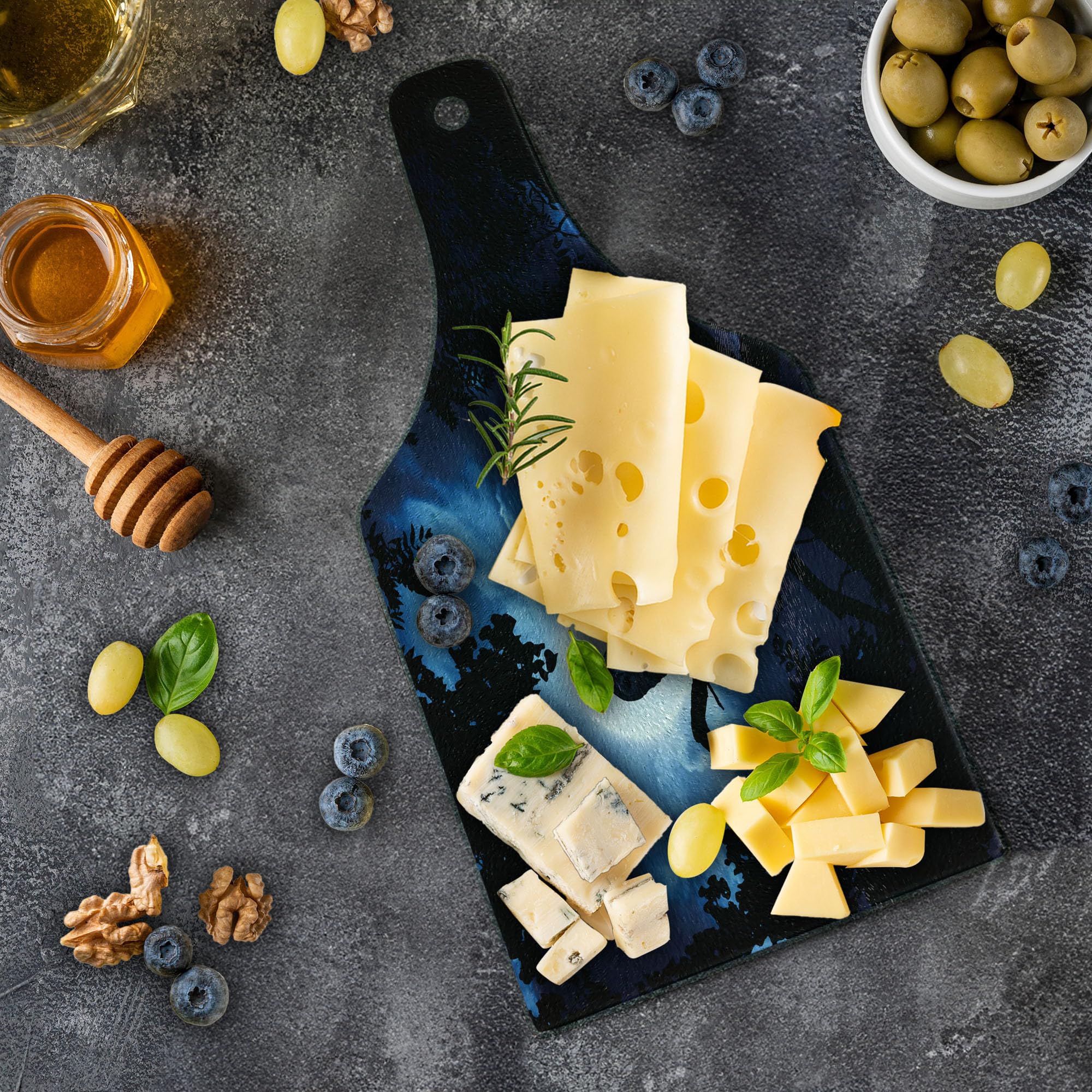 Ambesonne Night Themed Cutting Board - Tranquil Woods with Full Moon, Tall Trees & Owl on Branch - Tempered Glass Serving Board for Cheese, Charcuterie & Wine - Elegant Black Blue White Design - Perfect for Dinner Parties, Gifts & Home Decor