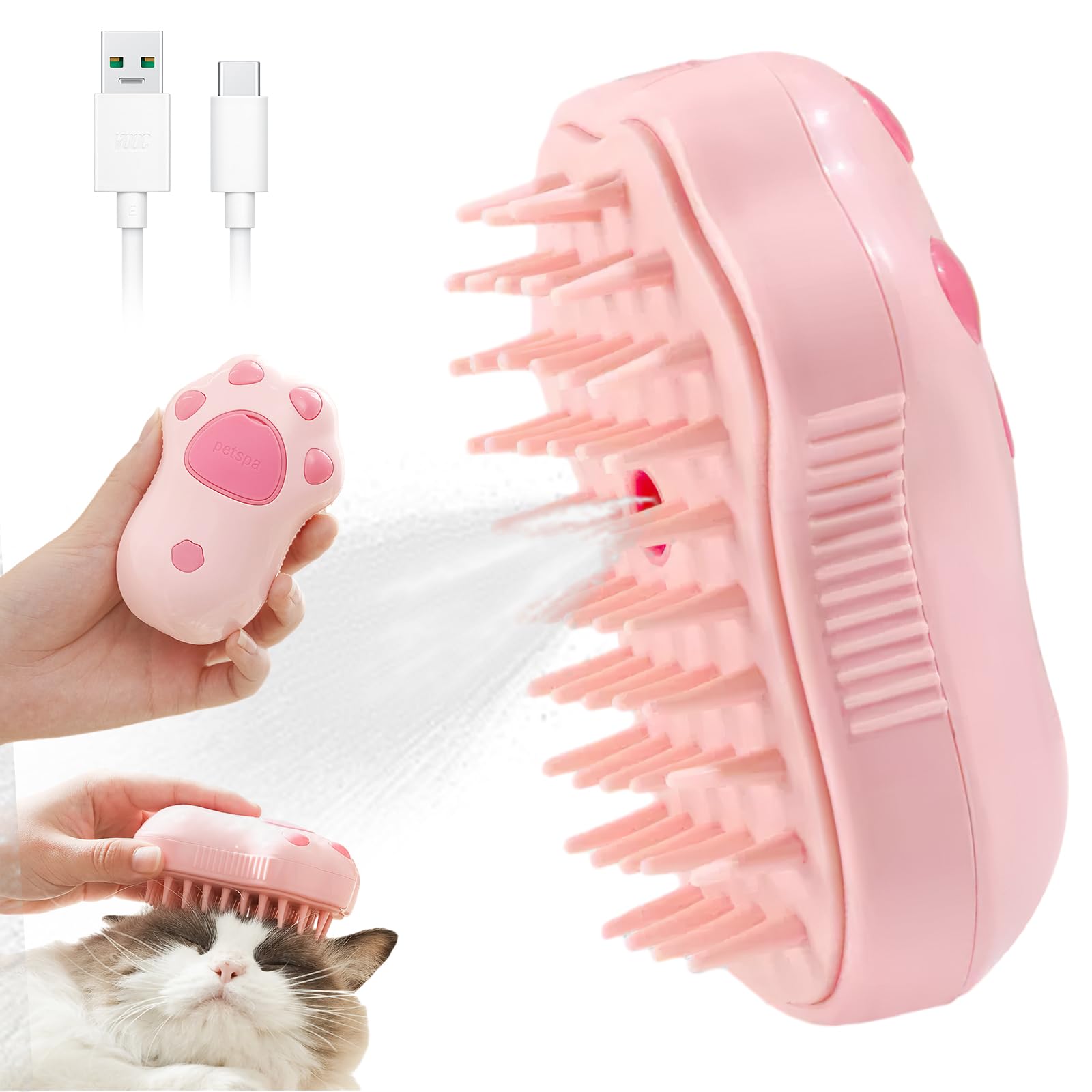 3-in-1 Electric Cat Grooming Brush with Steam - Self-Cleaning Silicone Pet Hair Brush for Massage, Shedding Control & Loose Hair Removal | Perfect for Daily Cat Care & Spa Grooming Sessions at Home