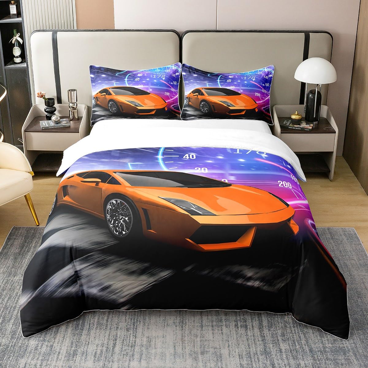 100% Cotton Boys Race Car Bedding Set - Cool Sports Car Duvet Cover for Kids with 2 Pillowcases, Full Size | Extreme Sports Comforter Cover & Classic Automobile Bedspread | Perfect for Kids' Bedrooms, Themed Sleepovers, and Race Car Enthusiasts