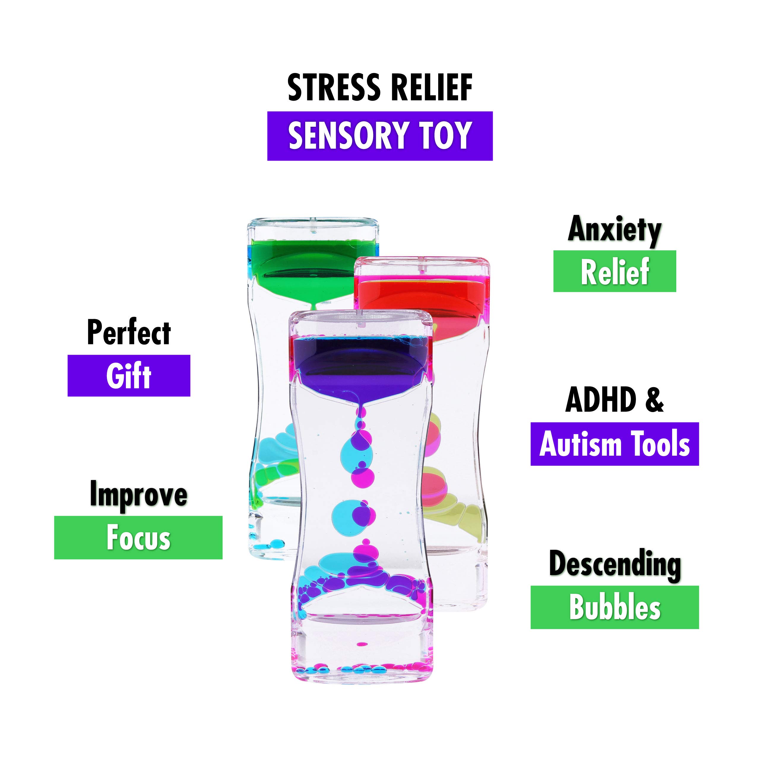 Liquid Motion Bubbler Sensory Toys - 5 Piece Set with Stretchy String Fidget Toys & Timer for Stress & Anxiety Relief - Ideal for ADHD, Autism, ADD - Perfect for Home, Office, Classroom & Therapy Use