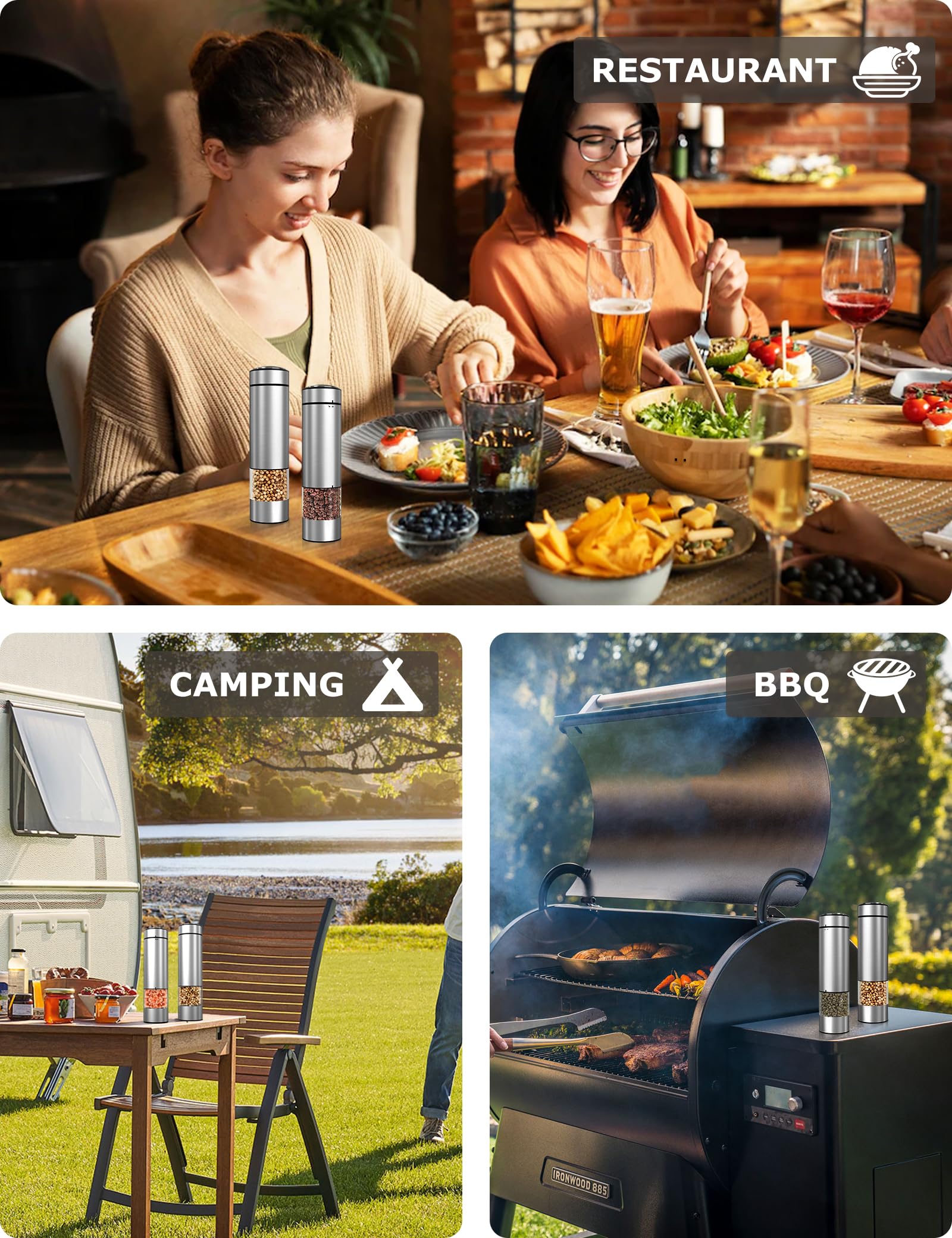 innhom Electric Salt and Pepper Grinder Set - Battery Operated Stainless Steel Automatic Mill with Adjustable Coarseness - Perfect for Kitchen, Dining Table & Outdoor Cooking (1 Pack)