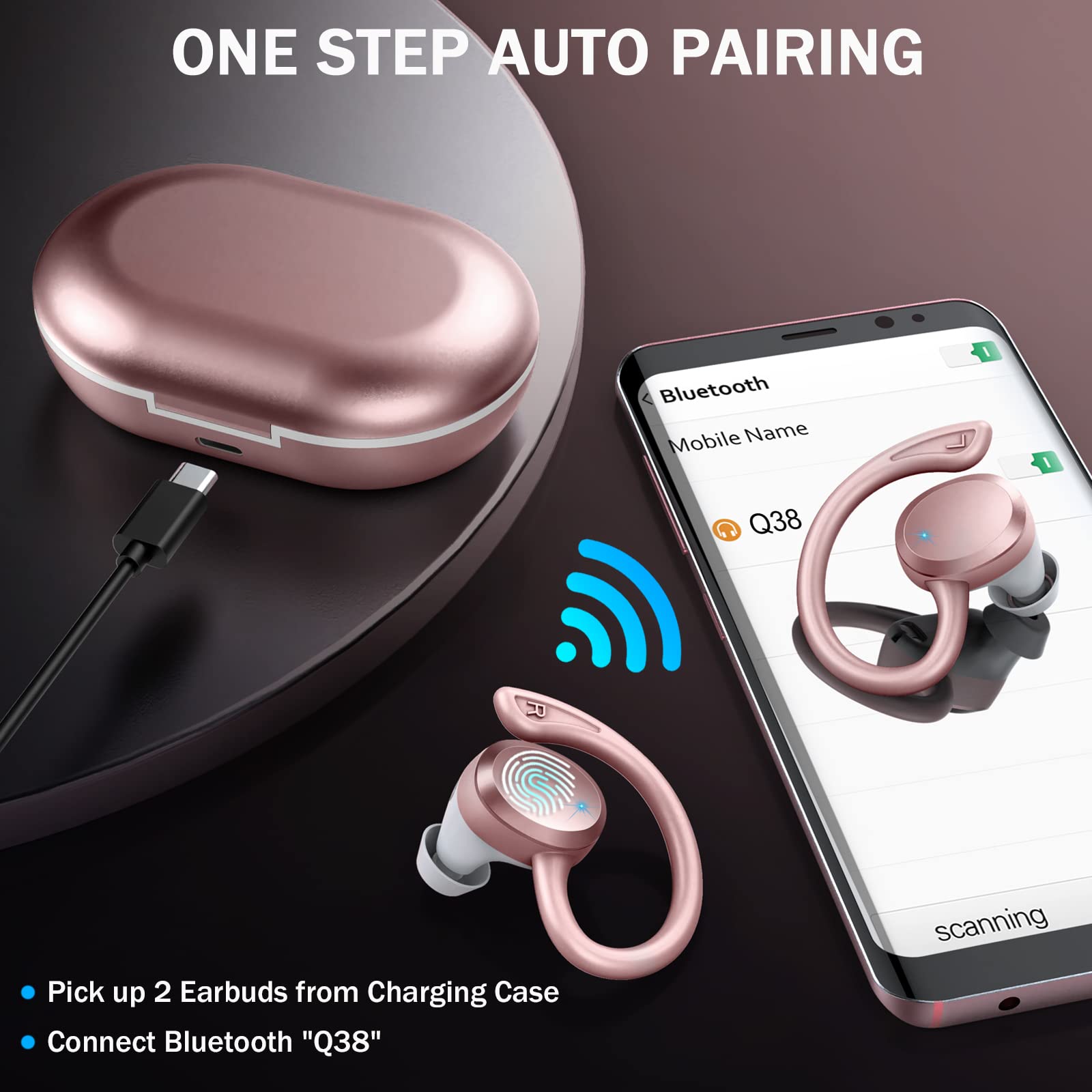 Wireless Bluetooth 5.3 Earbuds with Hi-Fi Stereo Bass, 48H Playtime & Noise Cancelling - IP7 Waterproof Sports Earphones with Earhooks for Running, Workout, Gym | Compatible with Android, iOS, Laptop & Tablet