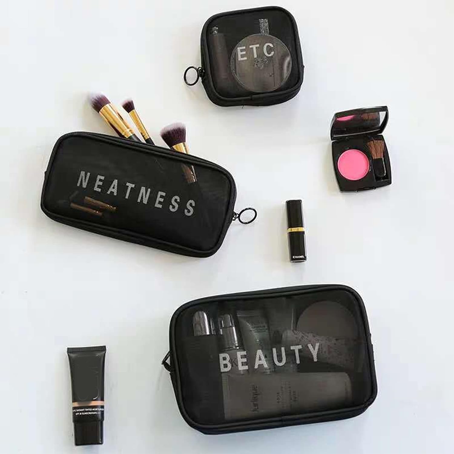 VYATIRANG Nylon Makeup Pouch Travel Toiletries Organizer - 3 Pack Black Mesh Cosmetic Bags for Women, Portable Bathroom & Travel Essentials Case - Perfect for Gym, Vacation, and Daily Use