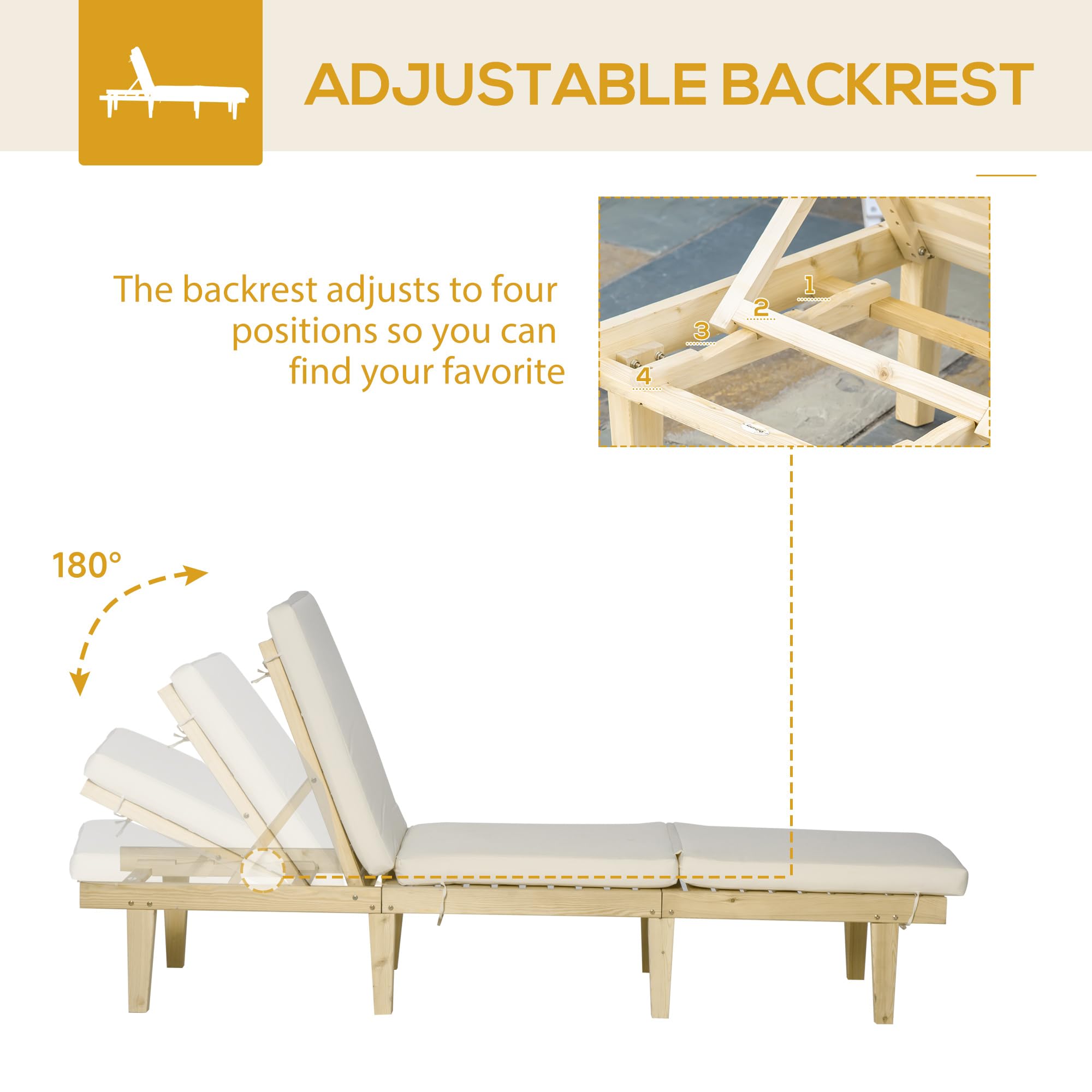 Outsunny Adjustable Wooden Chaise Lounge Chair for Outdoor - 4-Position Reclining Patio Furniture with Cushion - Perfect for Poolside, Beach, Deck, Garden & Sunbathing Relaxation